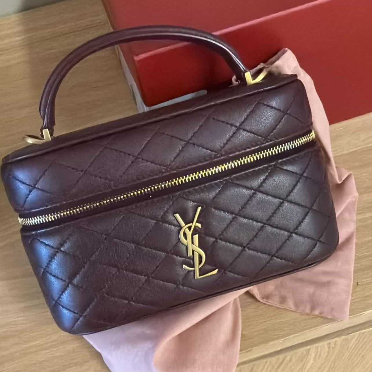 PRE-OWNED Lambskin Quilted Gaby Vanity Case Rouge Cabernet Crossbody Bag