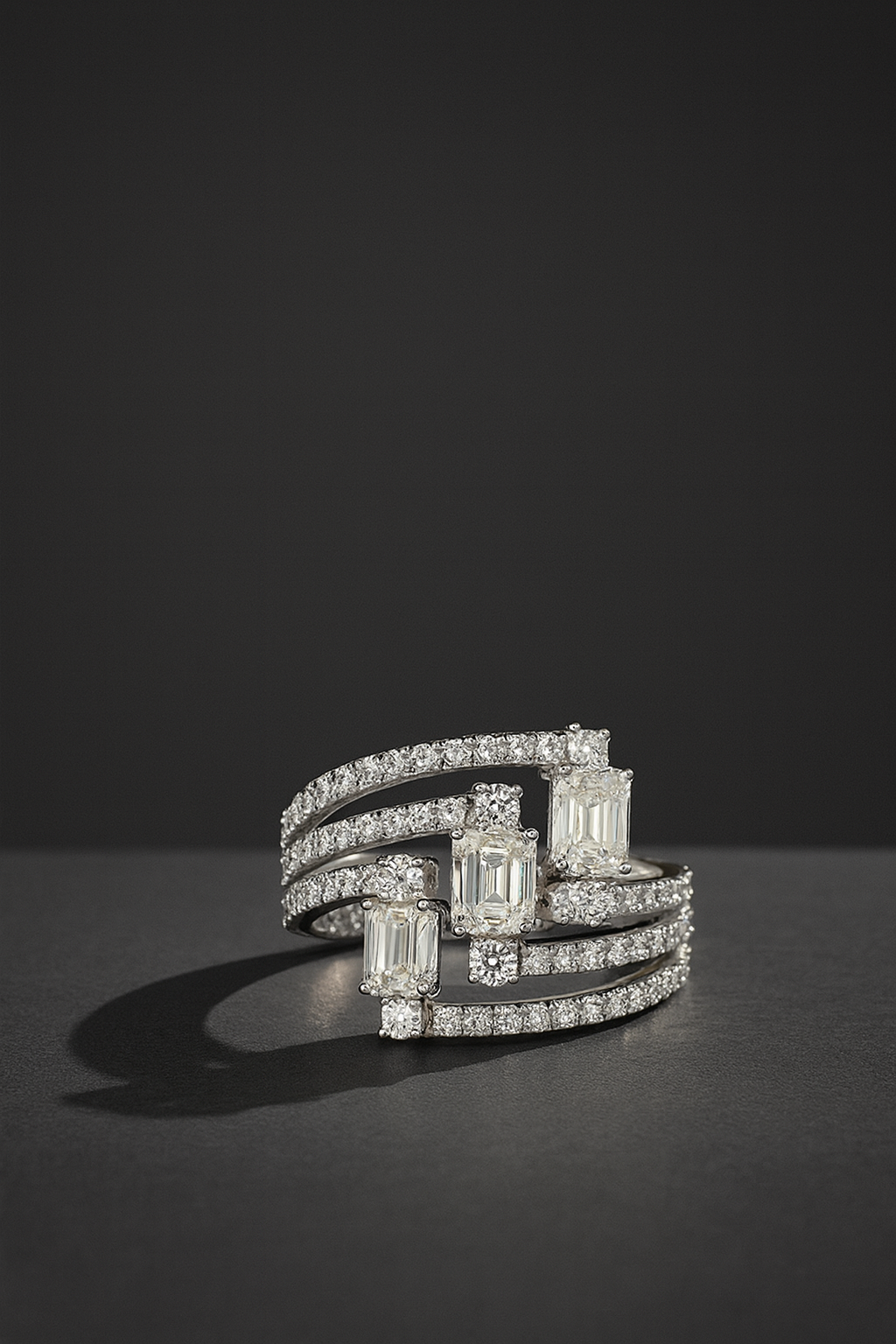 14K White Gold Natural Diamond Fancy 3-Row Ring – 1.75ct