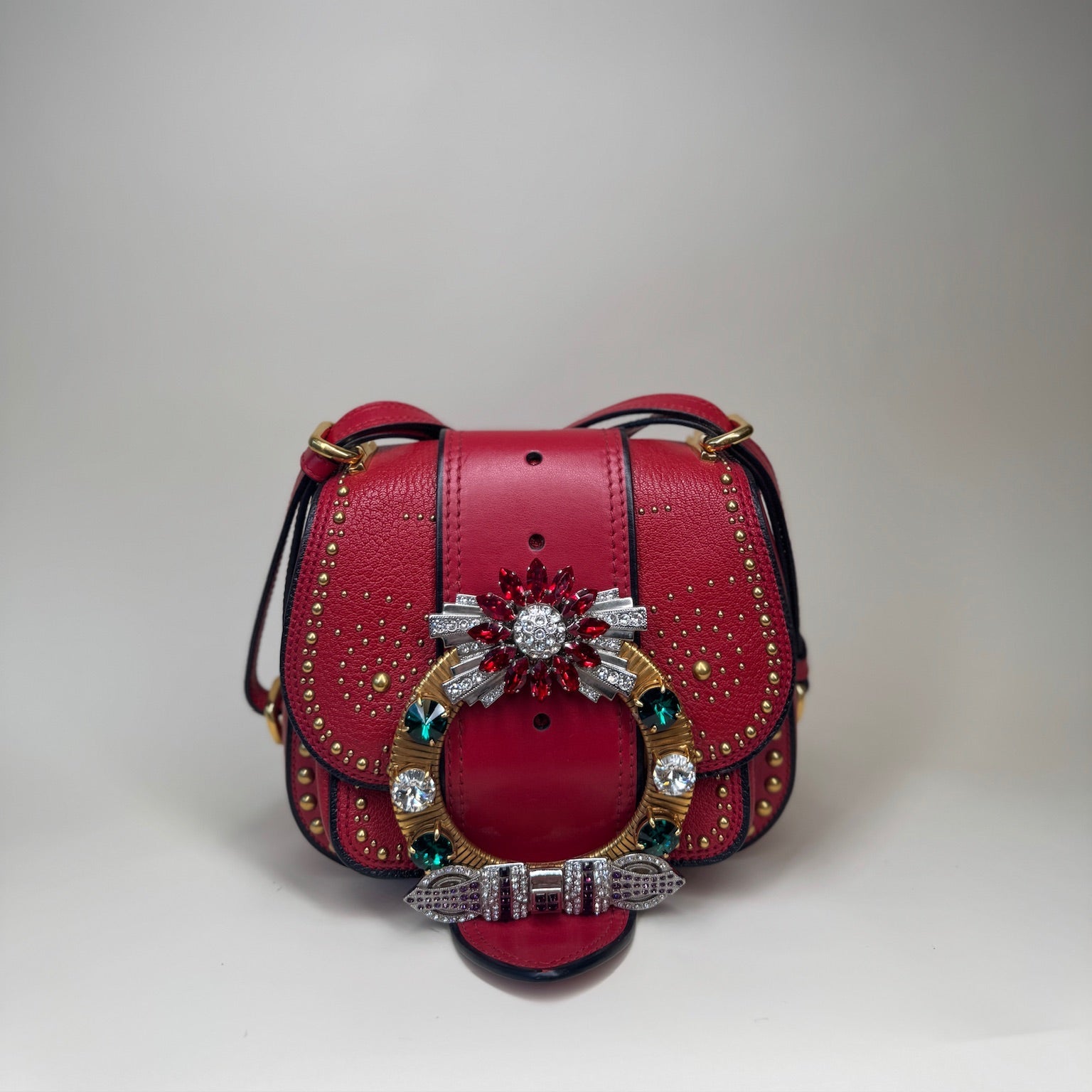 PRE-OWNED Red Embellished Leather Dahlia Crossbody Bag