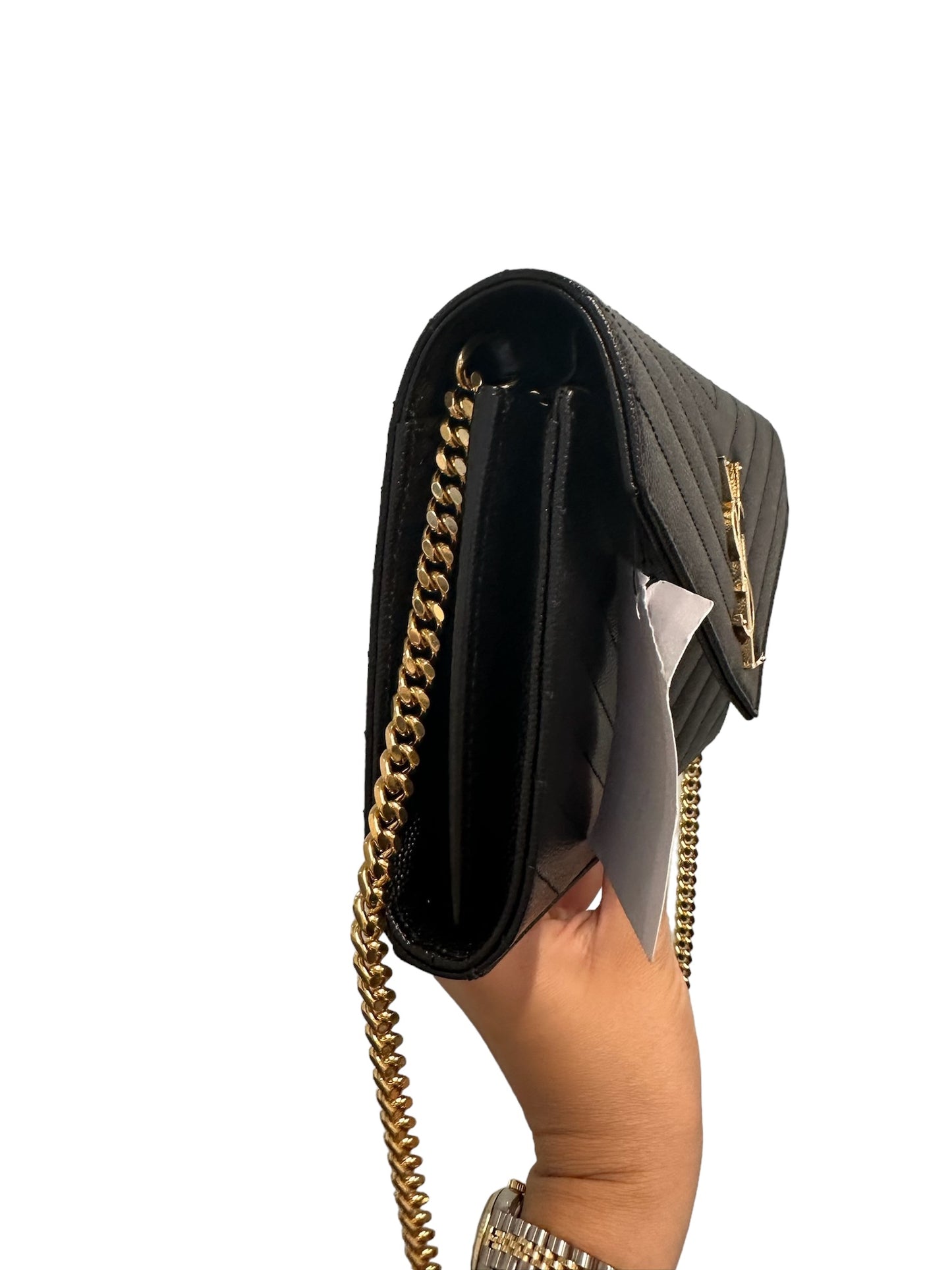 SAINT LAURENT - Black Grain De Poudre Classic Monogram Wallet on Chain