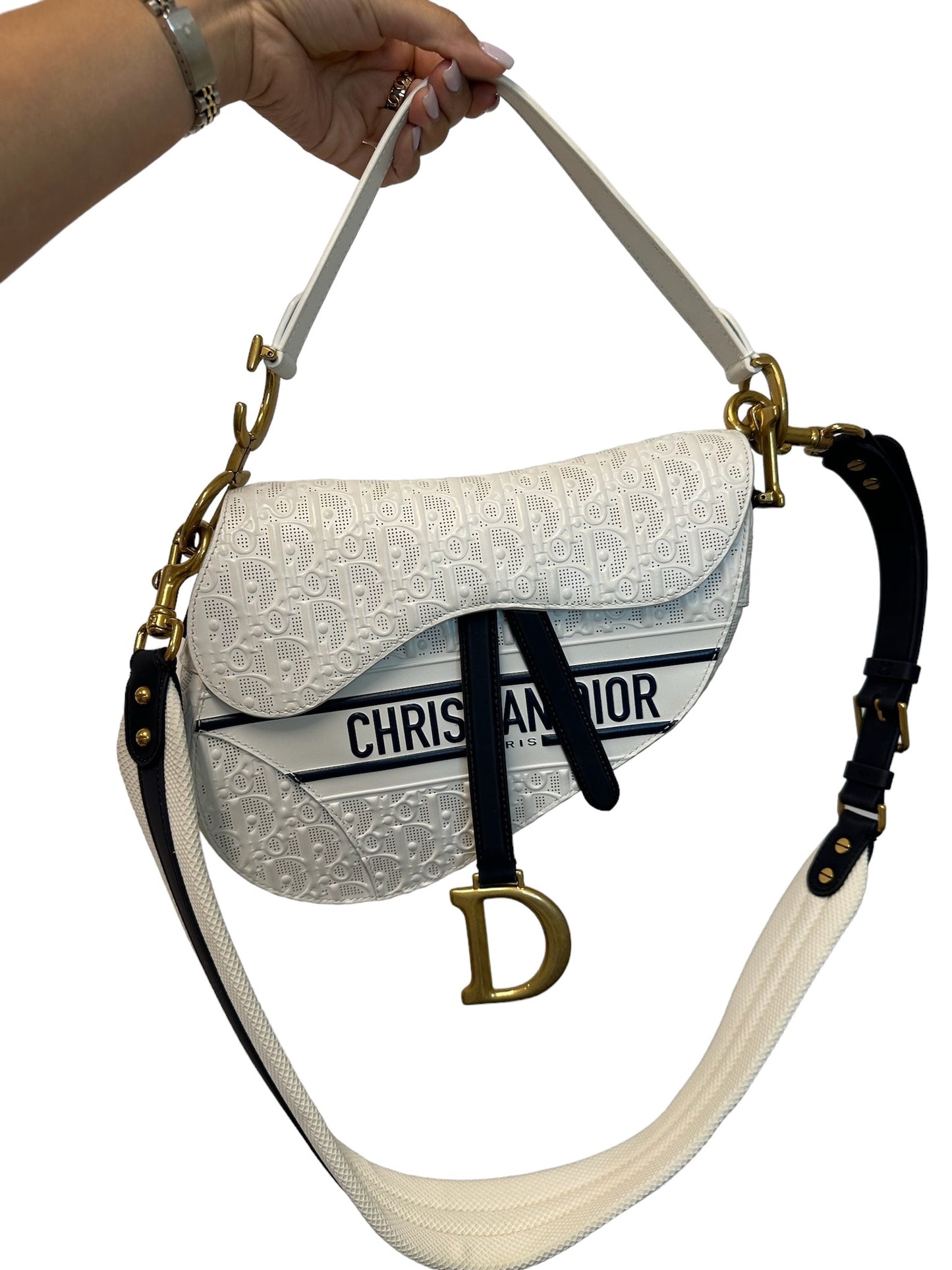 DIOR - White Navy Perforated Calfskin Embossed Oblique Medium Saddle Bag