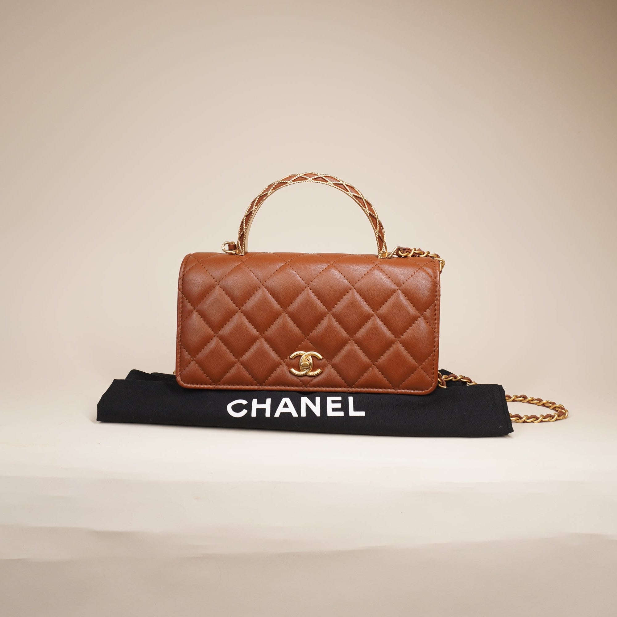 PRE-OWNED CC Handle Lambskin Leather Brown WOC