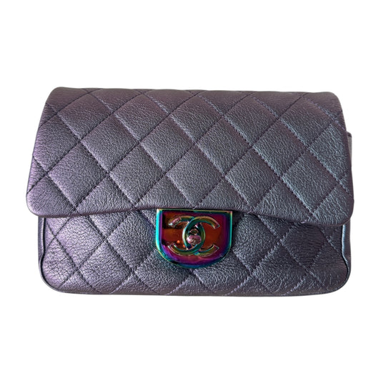 PRE-OWNED CC Purple Iridescent Quilted Lambskin Double Carry Waist Chain Small Flap Bag