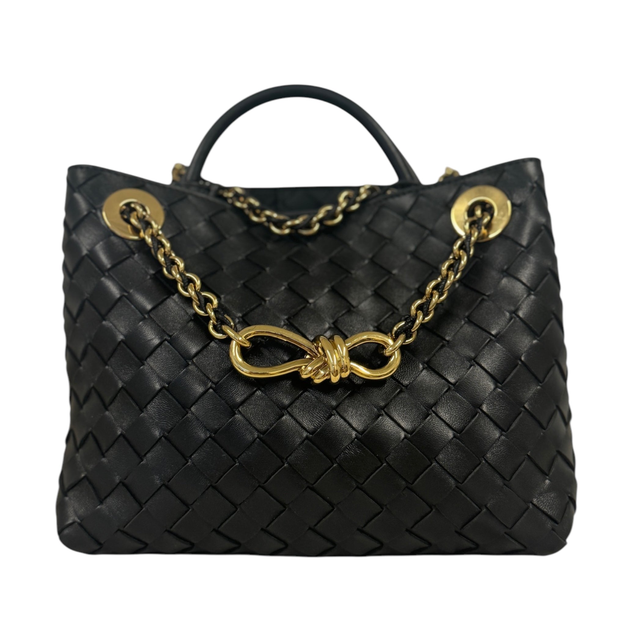 PRE-OWNED BV Black Nappa Intrecciato Small Andiamo with Chain