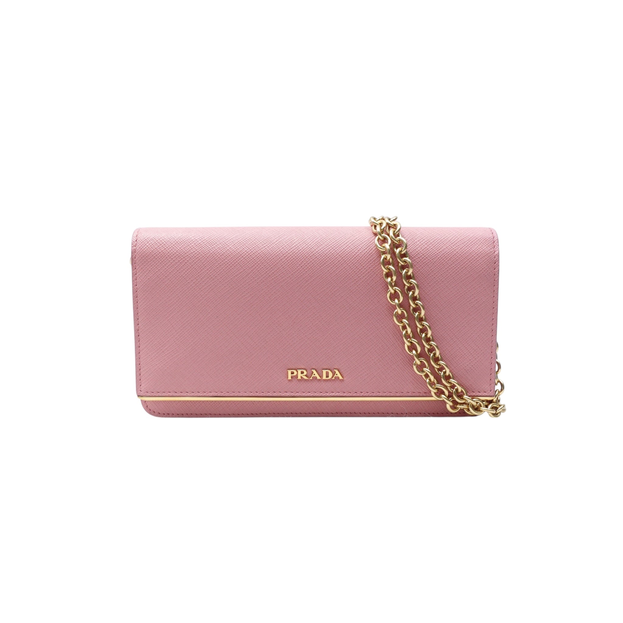 PRE-OWNED Pink Saffiano Leather Wallet on Chain