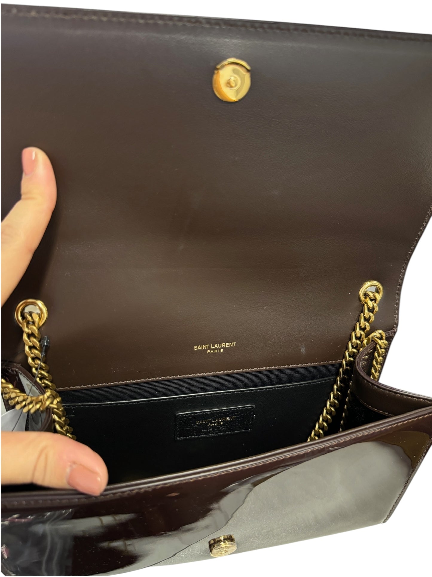 PRE-OWNED Spicy Chocolate Patent Medium Kate Chain Bag