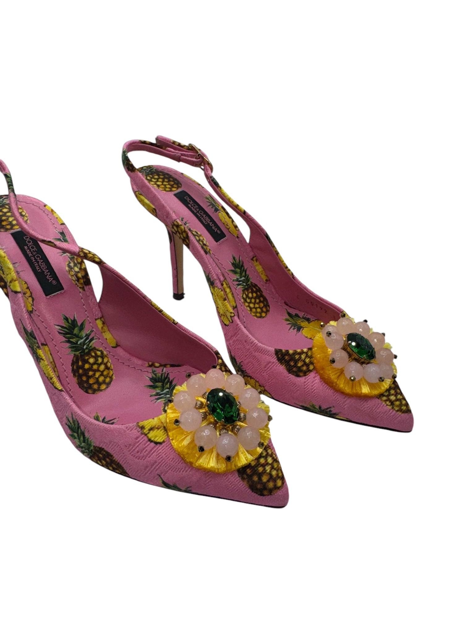Sandalias de mujer de plástico con fibra química en jacquard rosa y amarillo de segunda mano