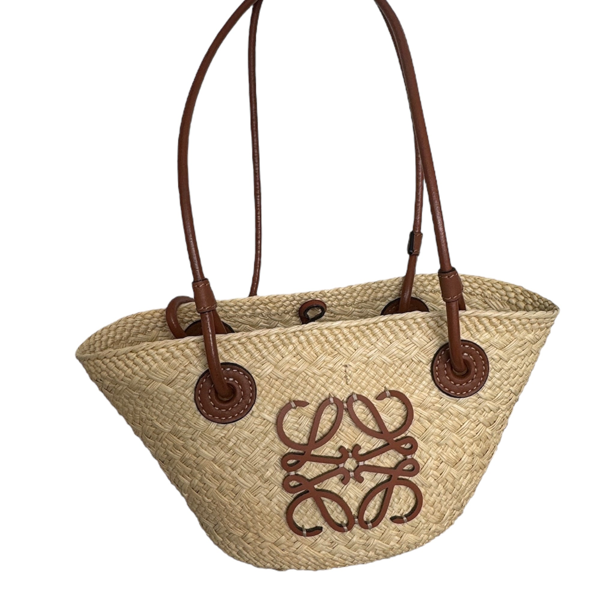 PRE-OWNED Cream Brown Straw Leather Tote Bag