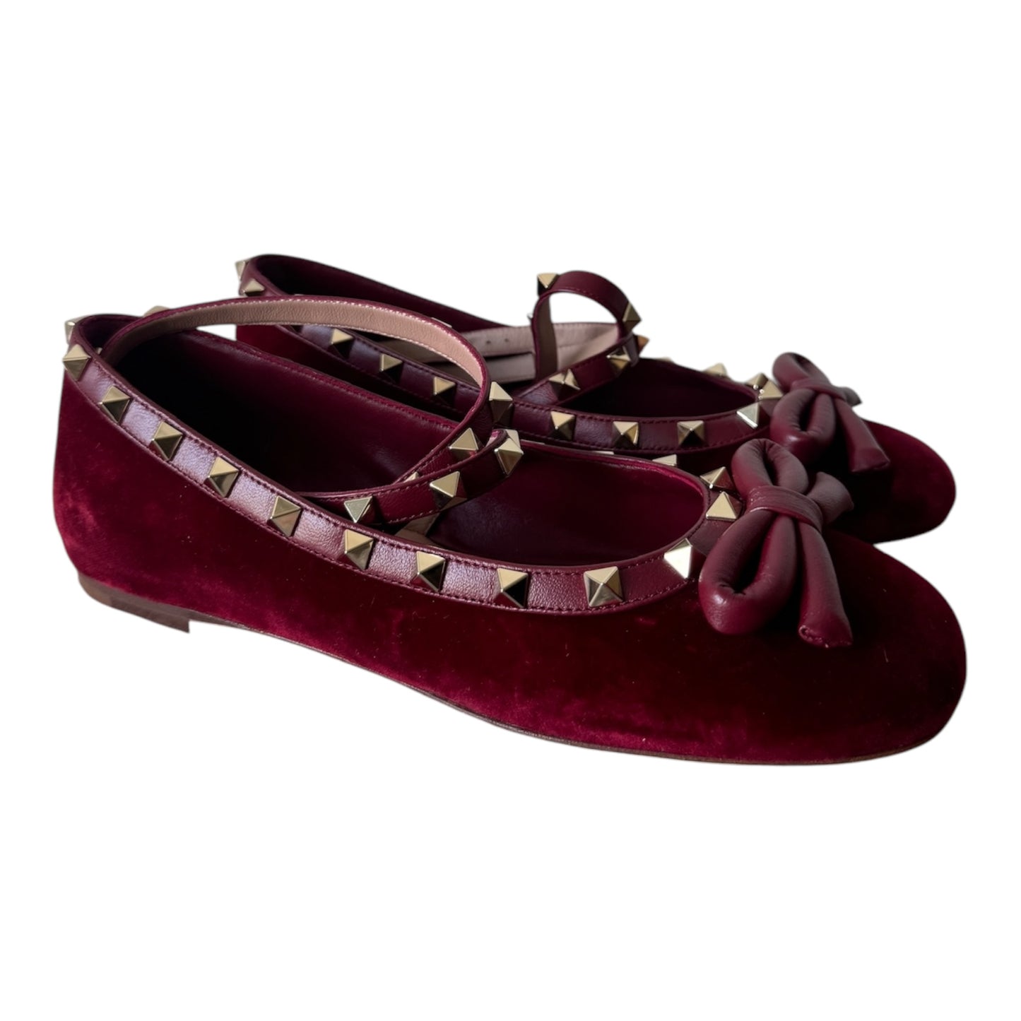 PRE-OWNED Cherry Red Rockstud Velvet Ballerinas