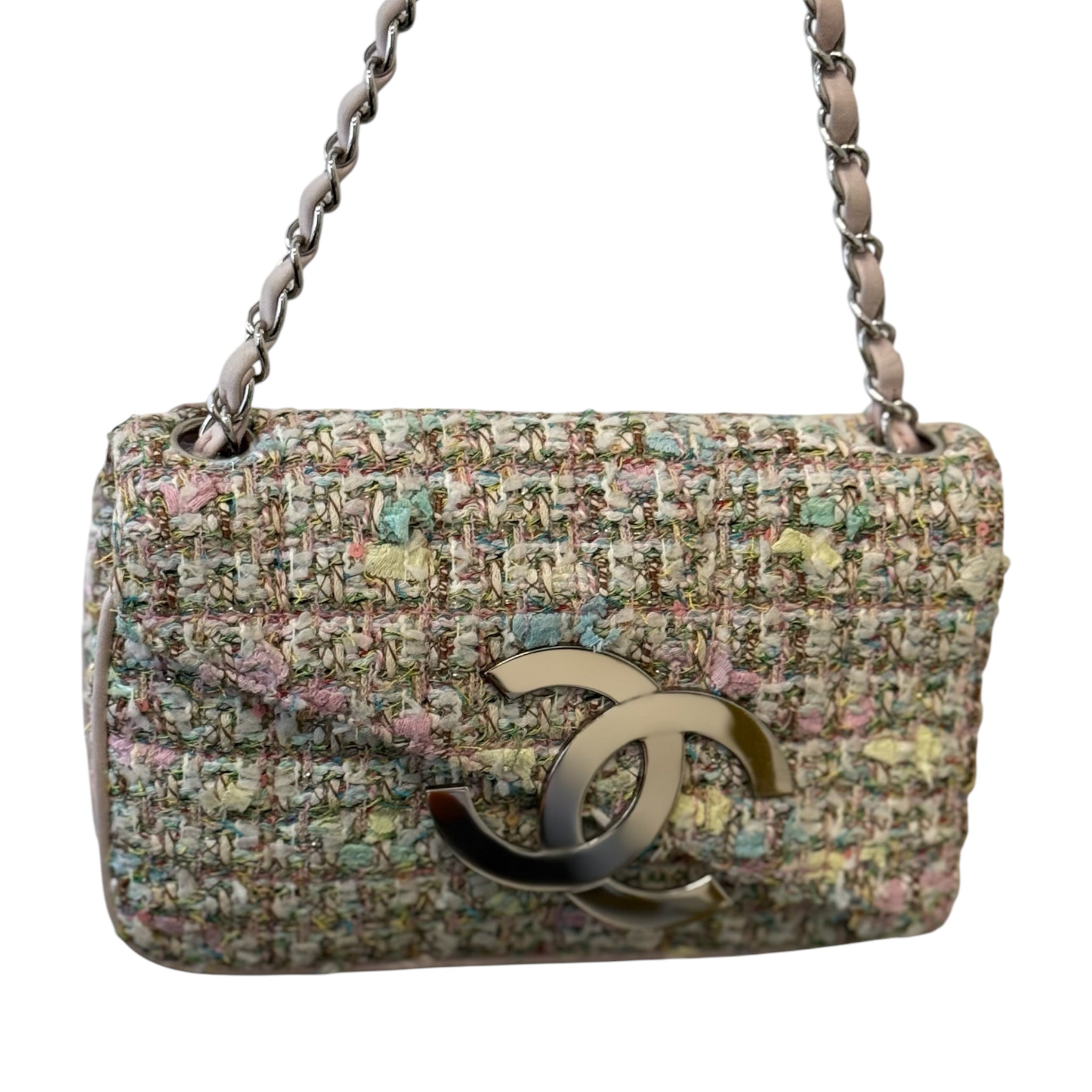 Bolso de hombro con solapa CC vintage de tweed rosa y verde diagonal de segunda mano