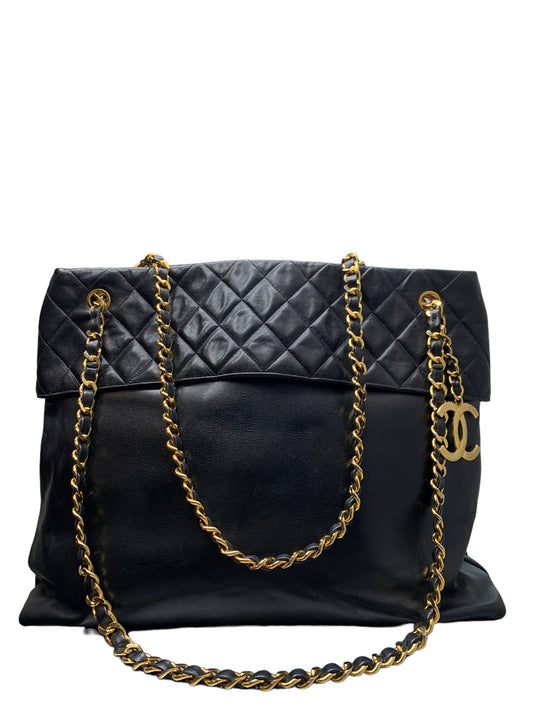 CHANEL- Quilted Black Lamb Chain Tote Shoulder Bag