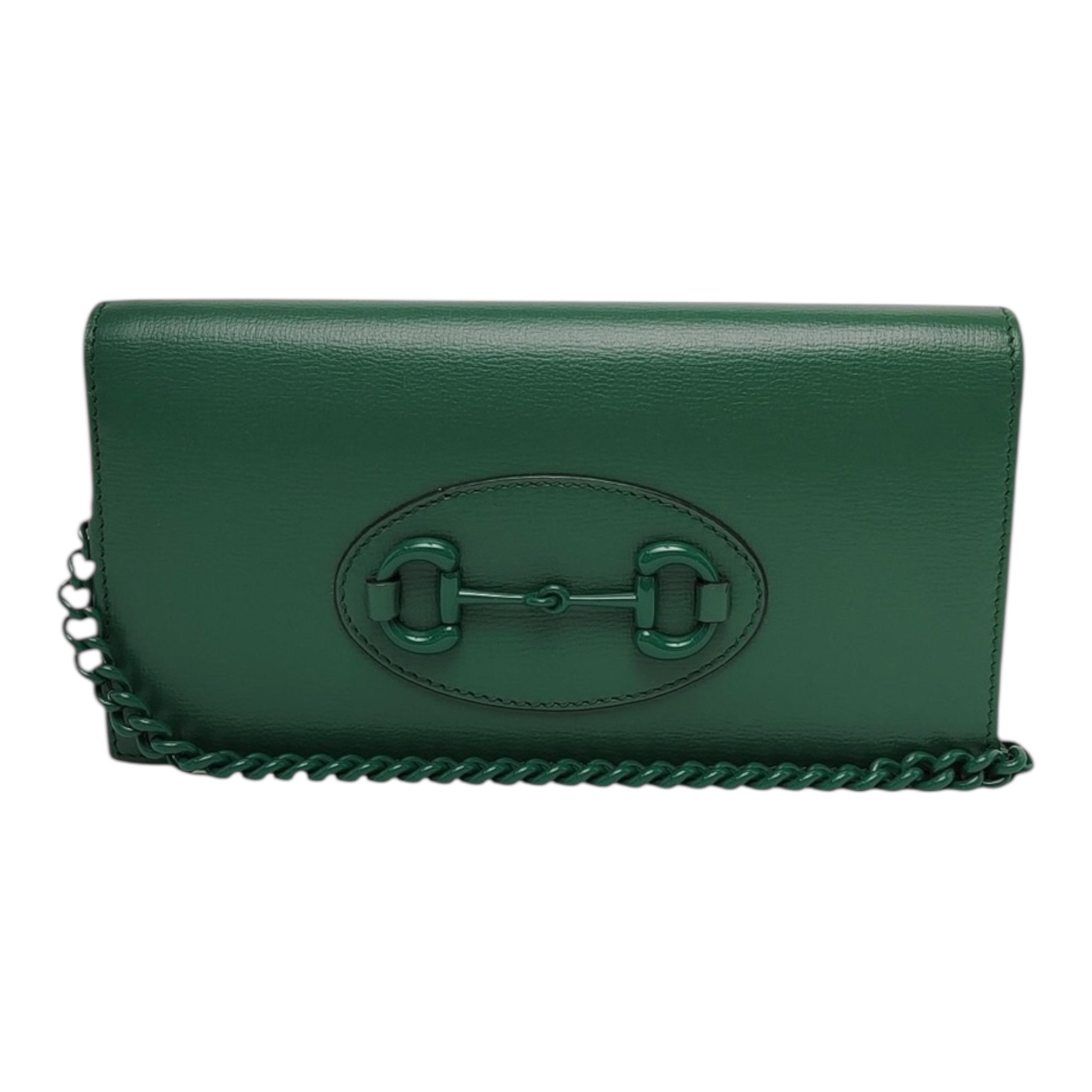 Cartera con cadena GG de cuero verde monocromático con detalles de caballo de segunda mano