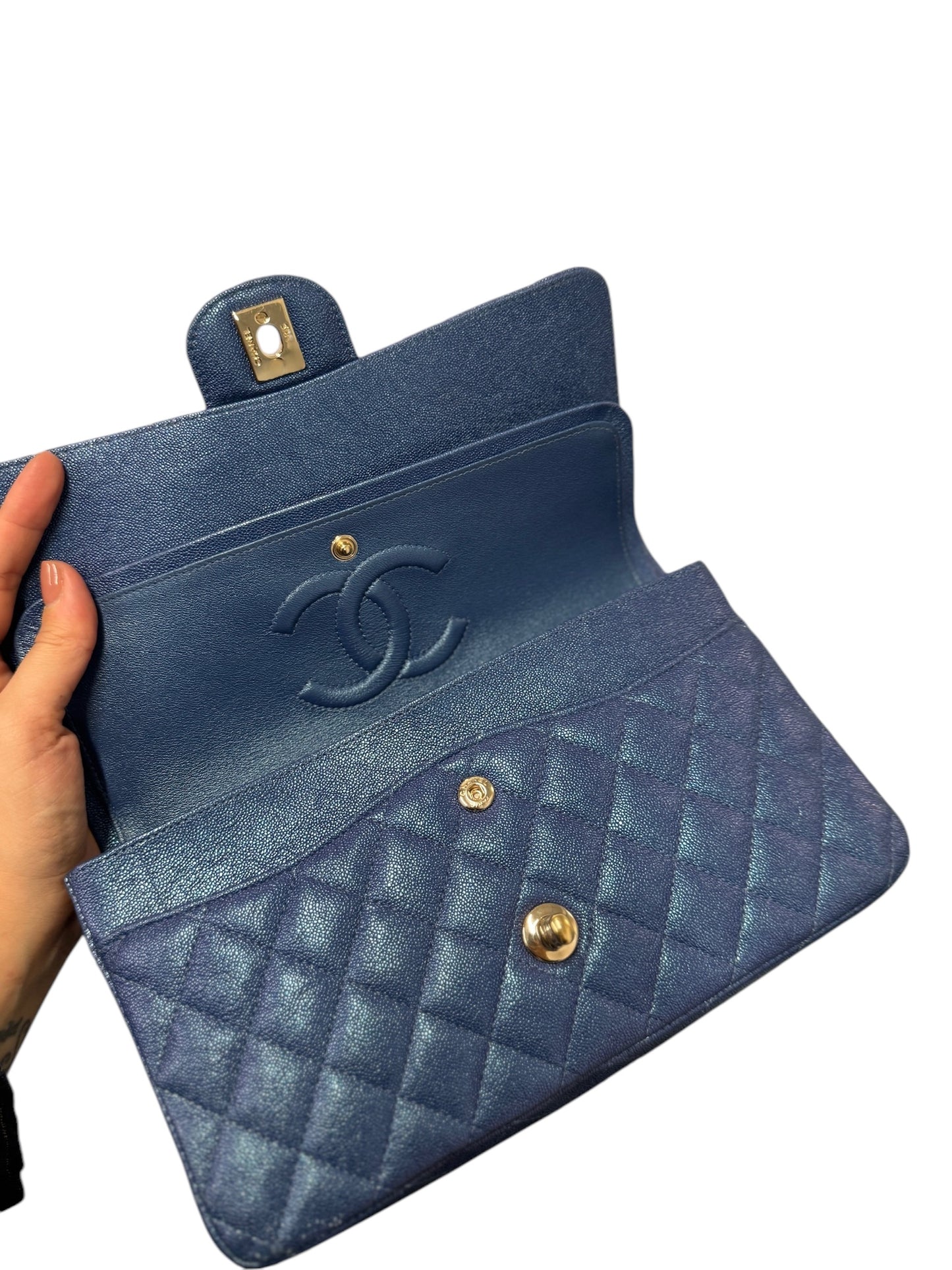 (Part2 ) PRE-OWNED CC Blue Iridescent Quilted Caviar Medium Classic Double Flap Bag