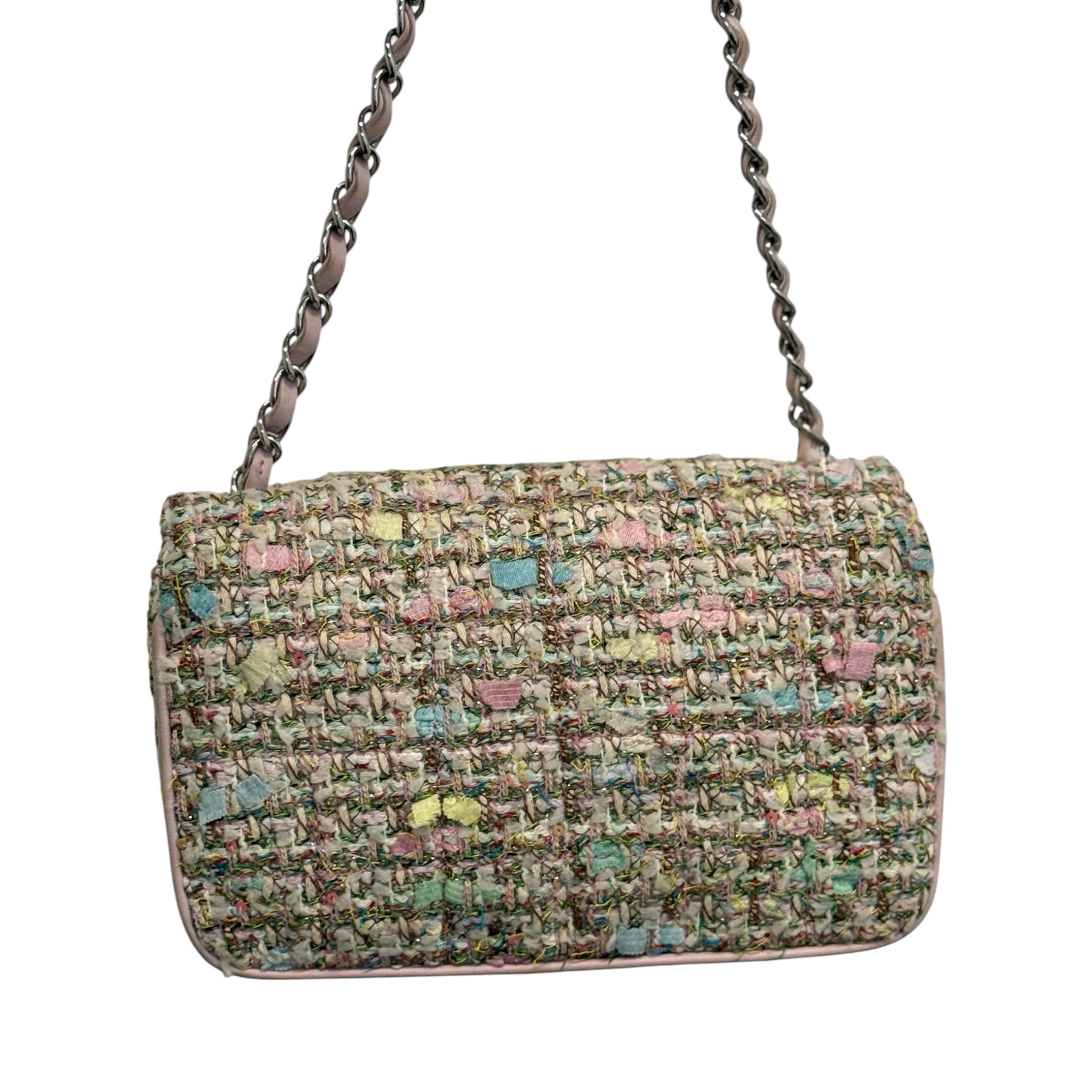 Bolso de hombro con solapa CC vintage de tweed rosa y verde diagonal de segunda mano