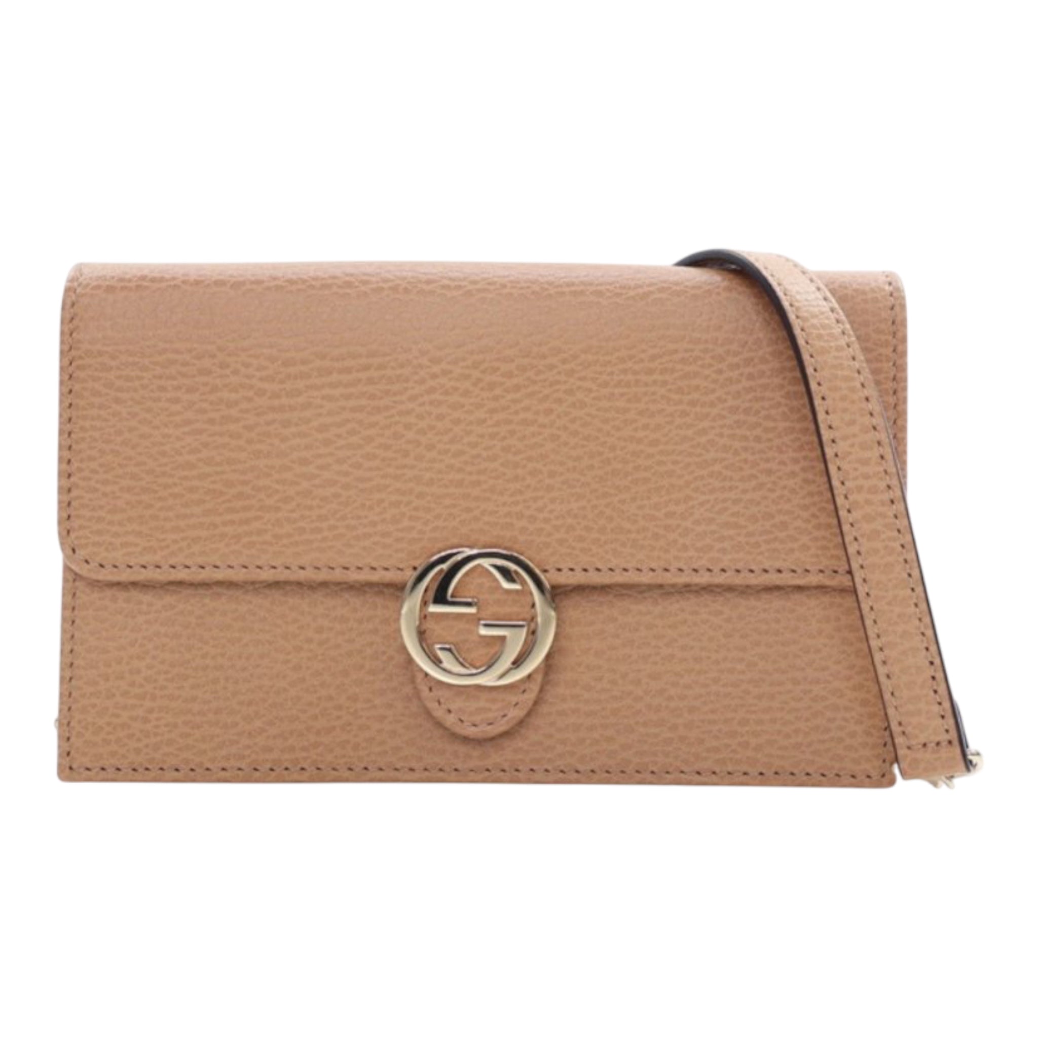 Cartera de piel de becerro beige con cierre de dólar entrelazado y cadena, USADA