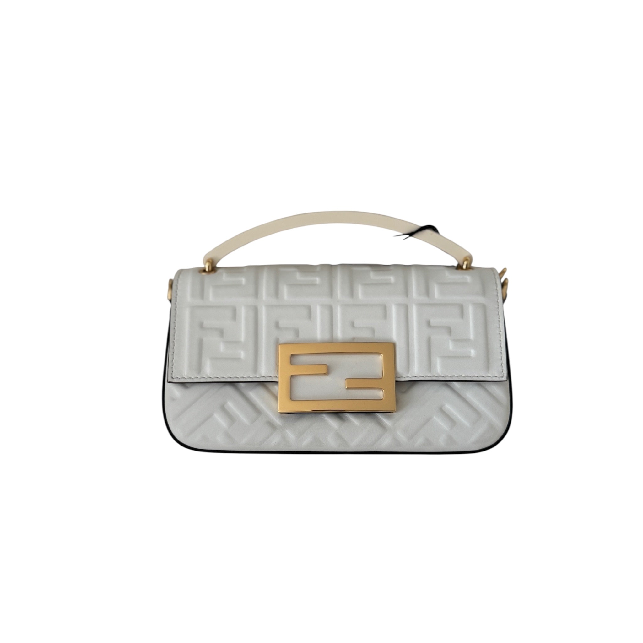 PRE-OWNED White FF Nappa Leather Mini Baguette Shoulder Bag