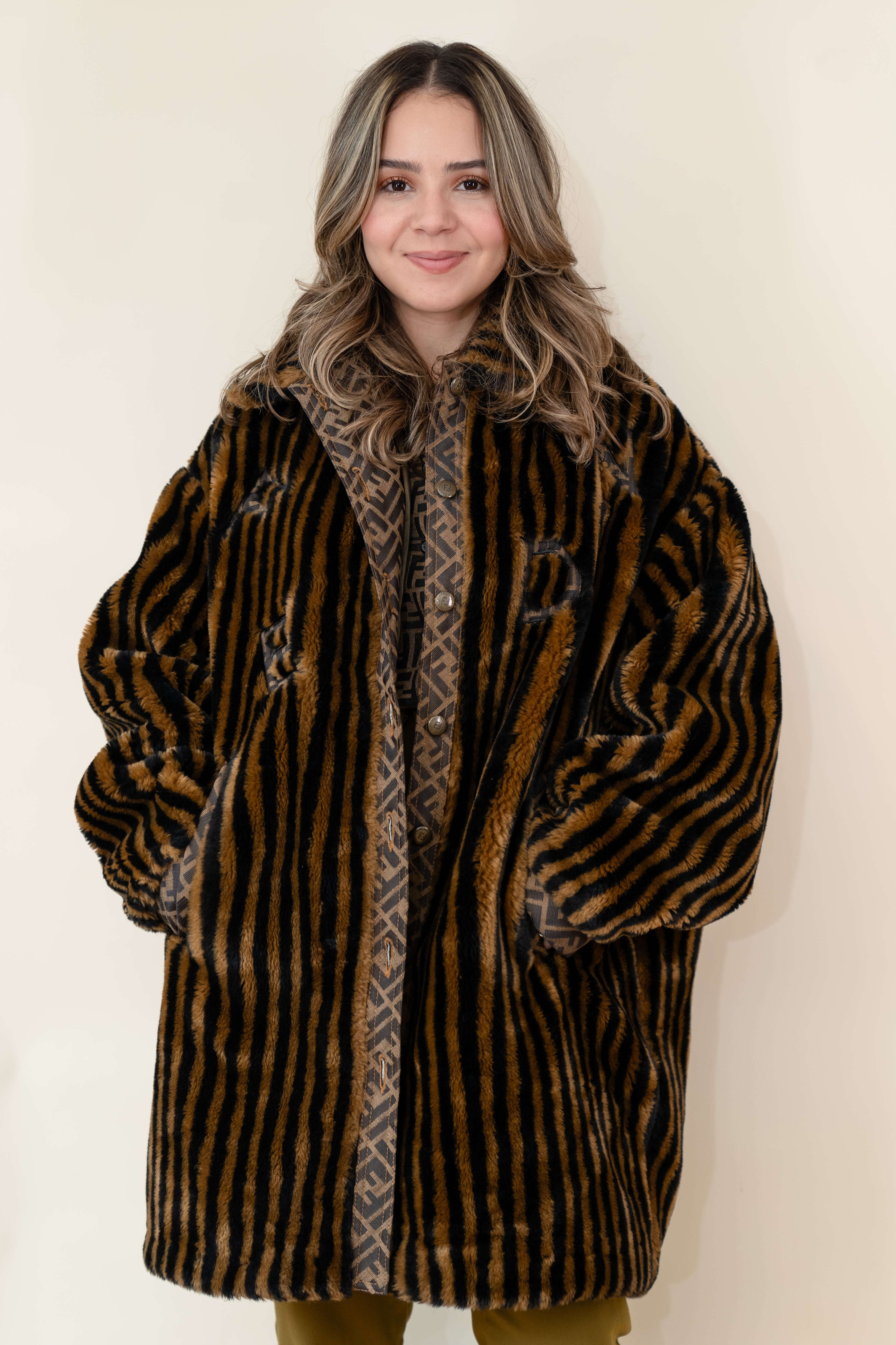 PRE-OWNED Fendi Vintage Brown Striped Logo Coat