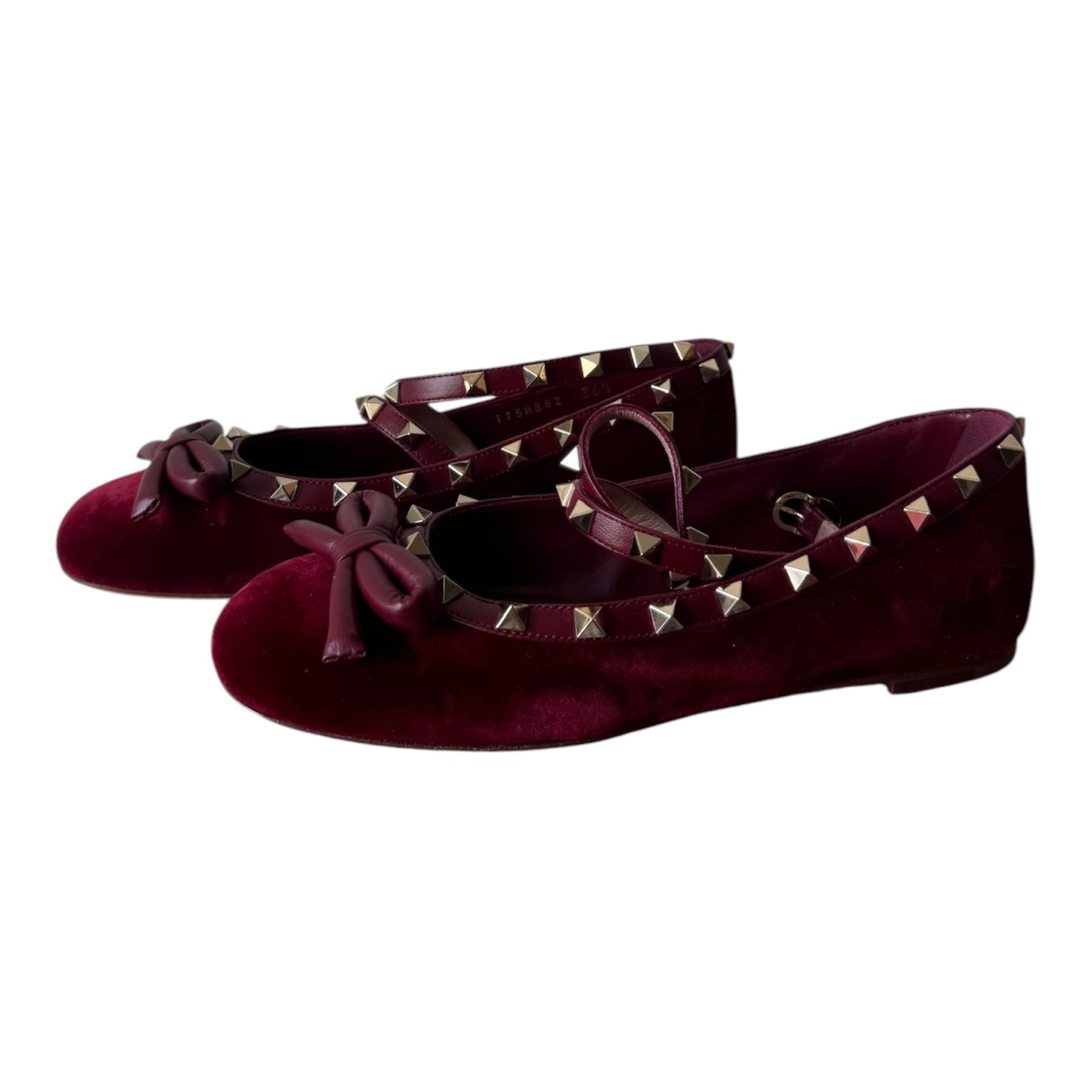 PRE-OWNED Cherry Red Rockstud Velvet Ballerinas