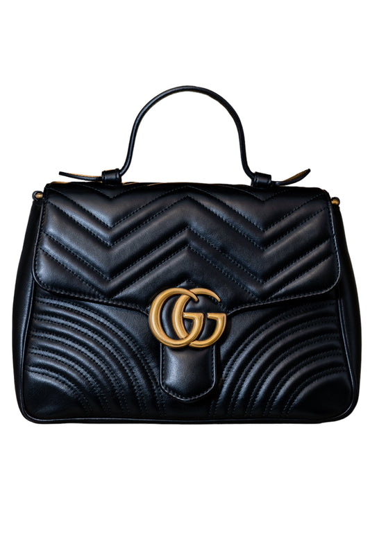 GUCCI - Calfskin Matelasse Medium GG Marmont Top Handle Shoulder Bag Black