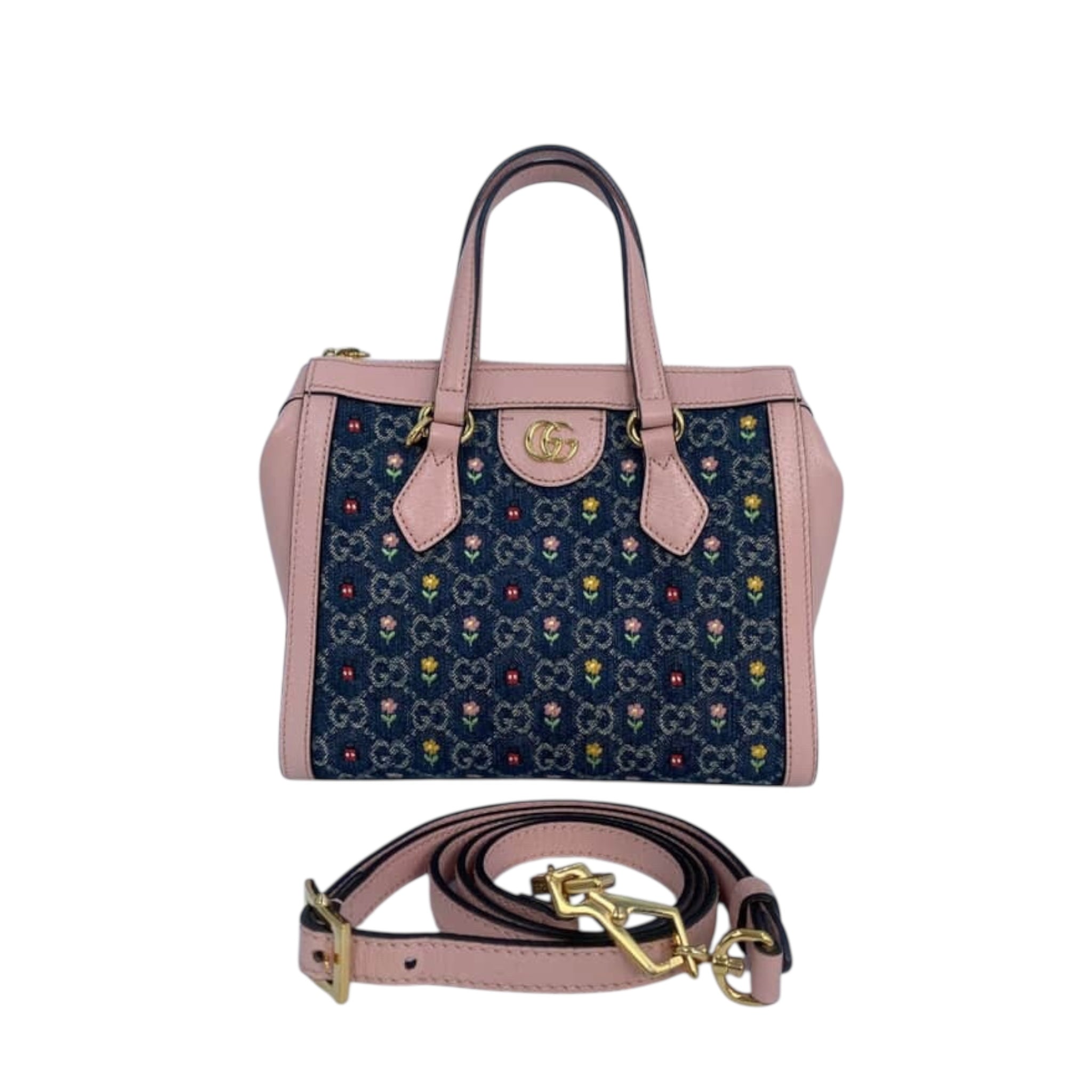 Bolso de hombro tipo satchel Ophidia pequeño con bordado GG en denim azul GG USADO