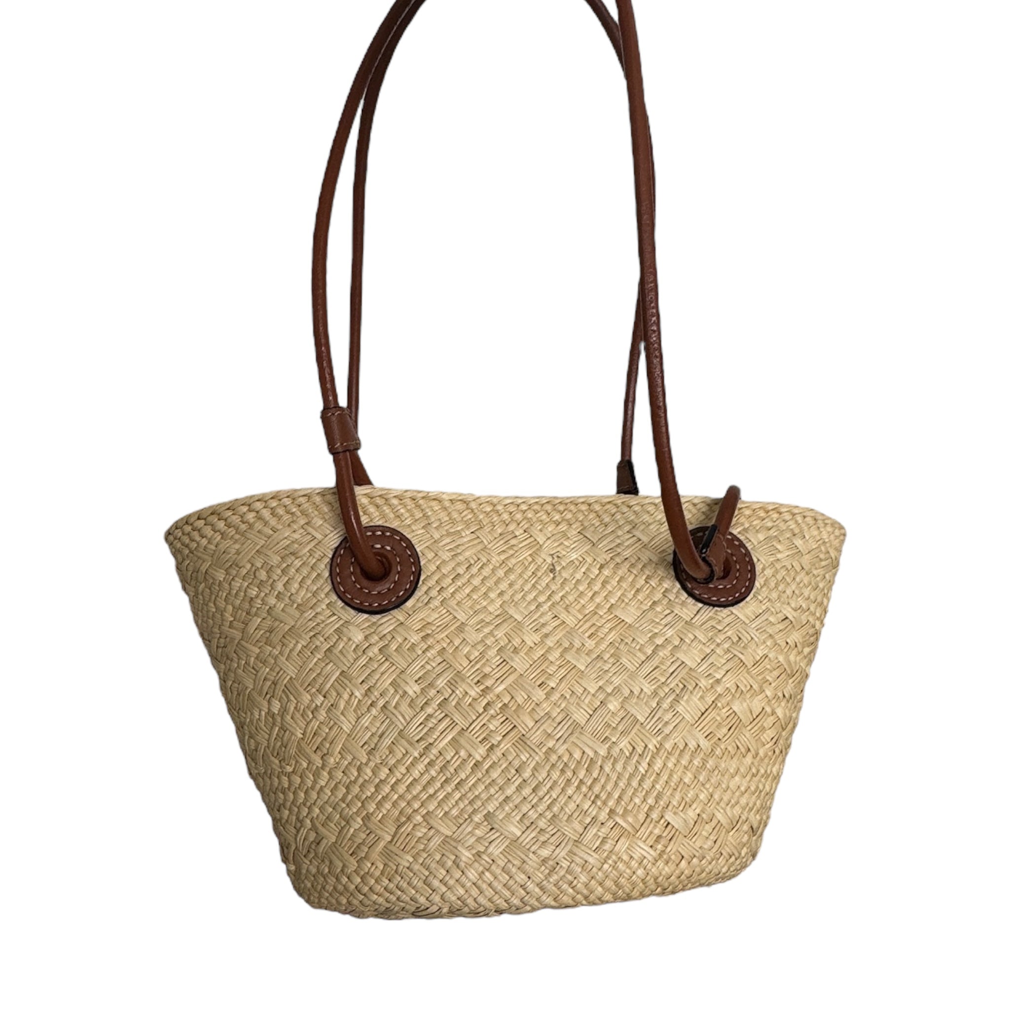 PRE-OWNED Cream Brown Straw Leather Tote Bag