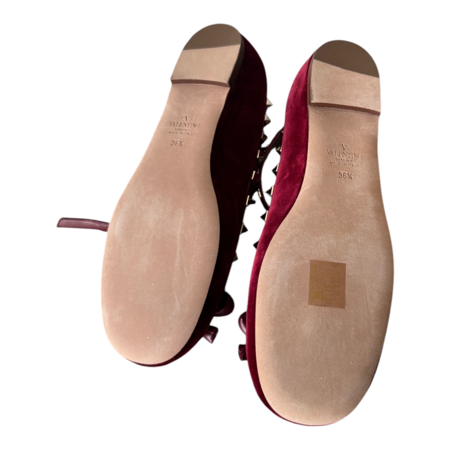 PRE-OWNED Cherry Red Rockstud Velvet Ballerinas