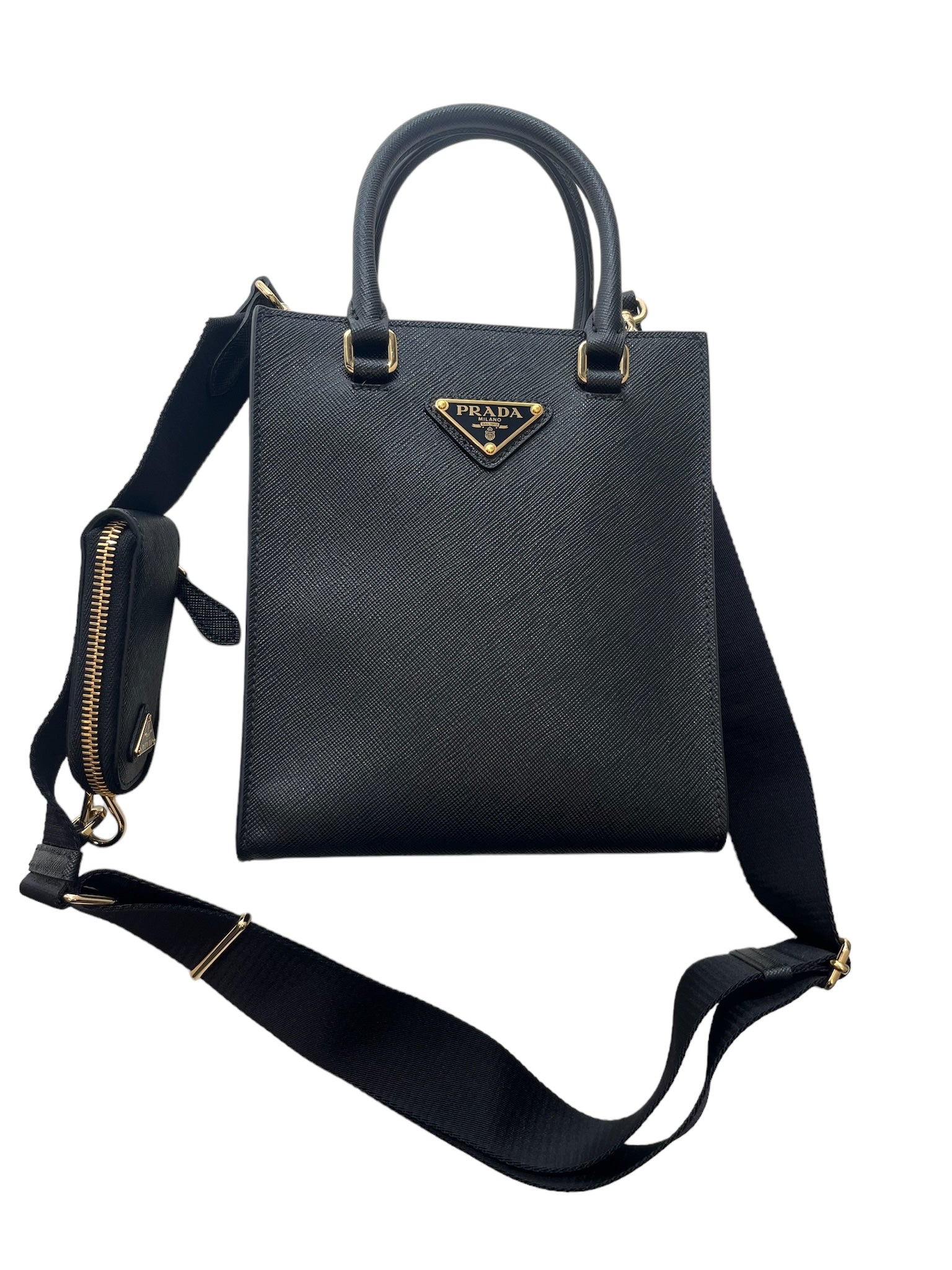 PRADA - Black Saffiano Triangle Logo Mini Crossbody Bag