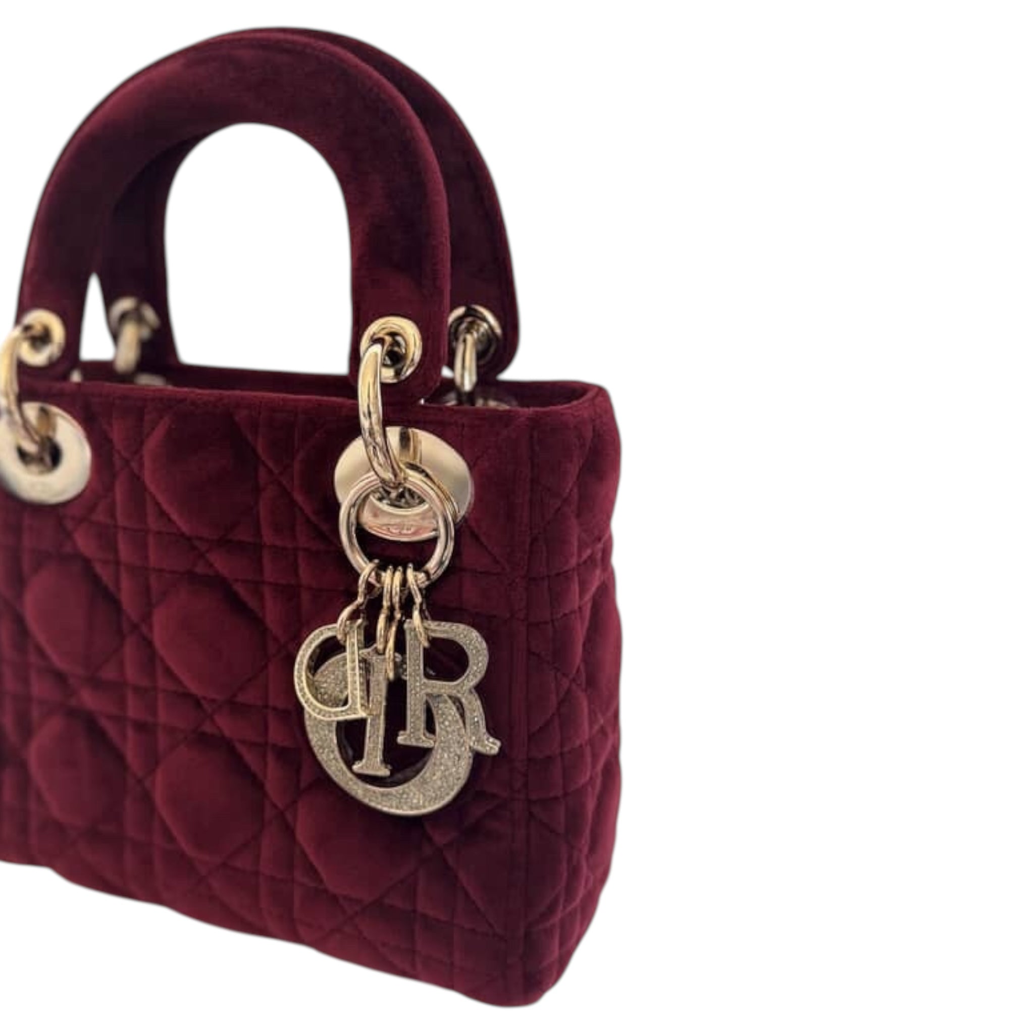 Bolso Lady Dior Mini Canage de terciopelo burdeos USADO