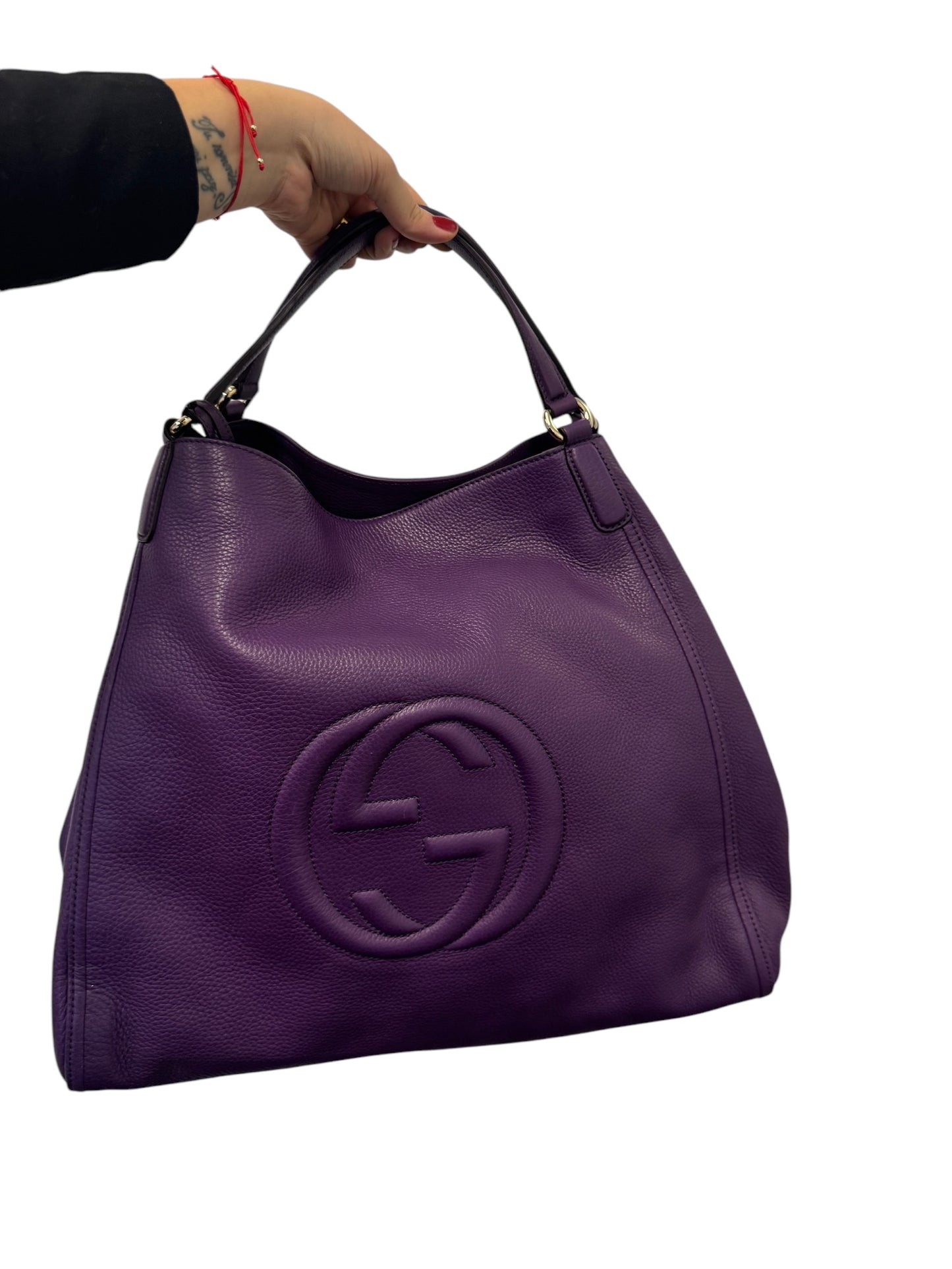 PRE-OWNED GG Purple Pebbled Calfskin Medium Soho Tote