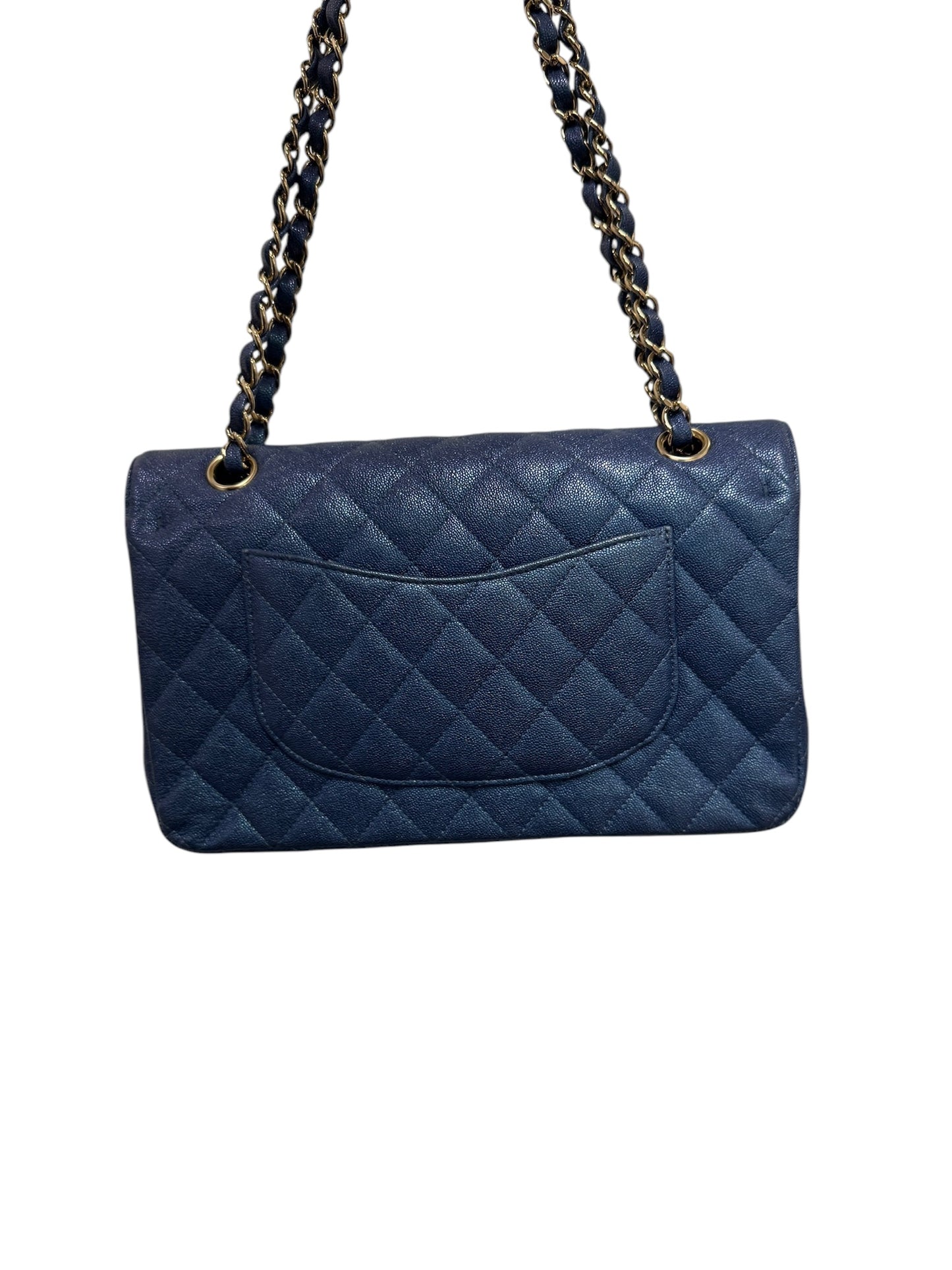 (Part2 ) PRE-OWNED CC Blue Iridescent Quilted Caviar Medium Classic Double Flap Bag