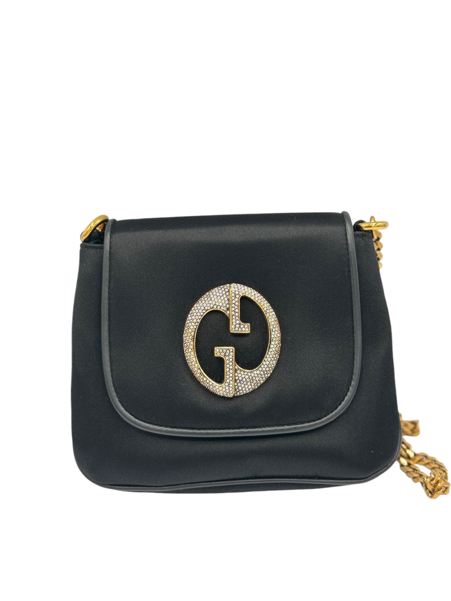 PRE-OWNED GG Black Satin Crystal 1973 Small Chain Crossbody Bag