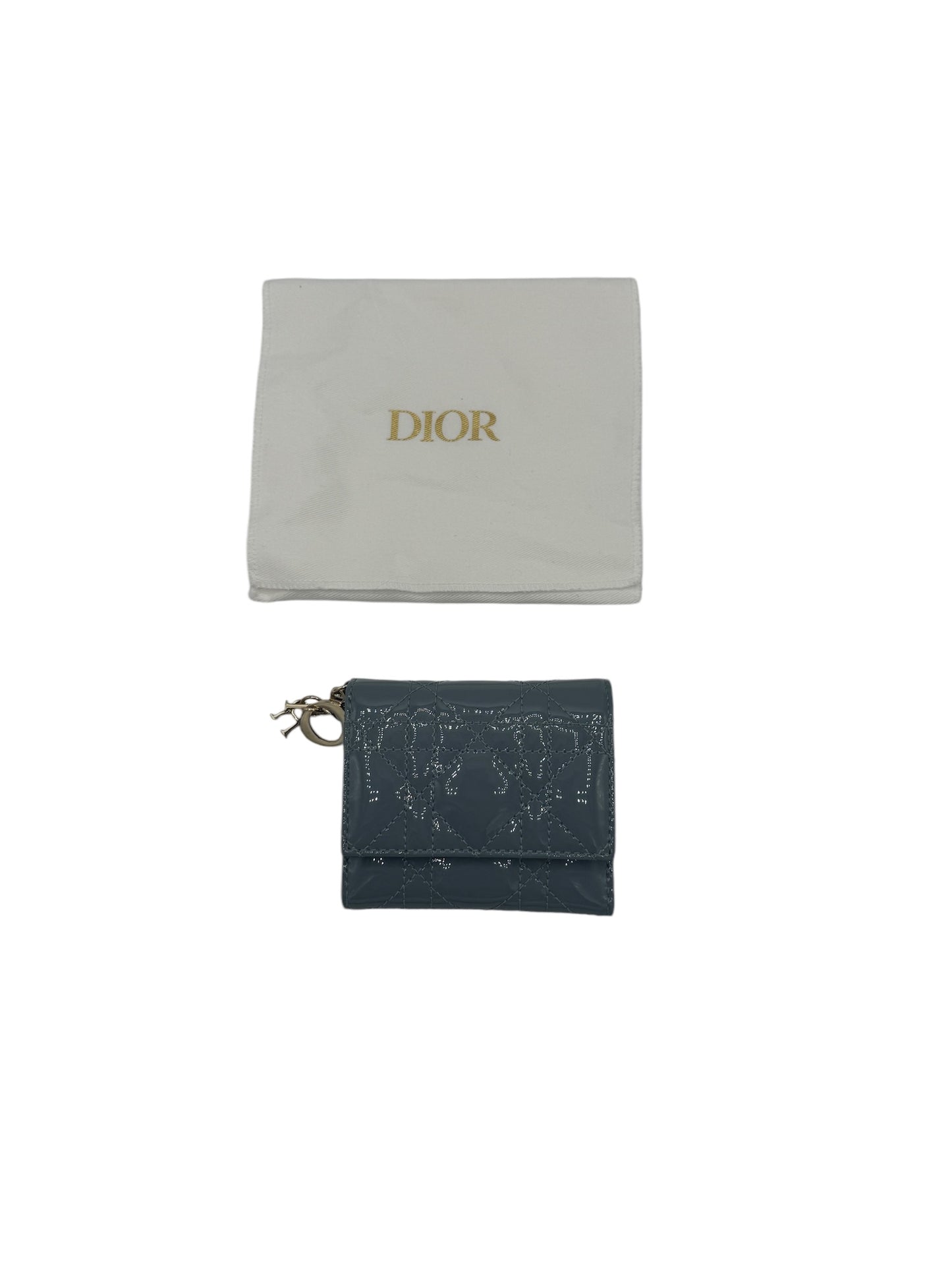 PRE-OWNED Lady Dior Lotus Wallet Trifold Wallet Blue Gray Patent Leather