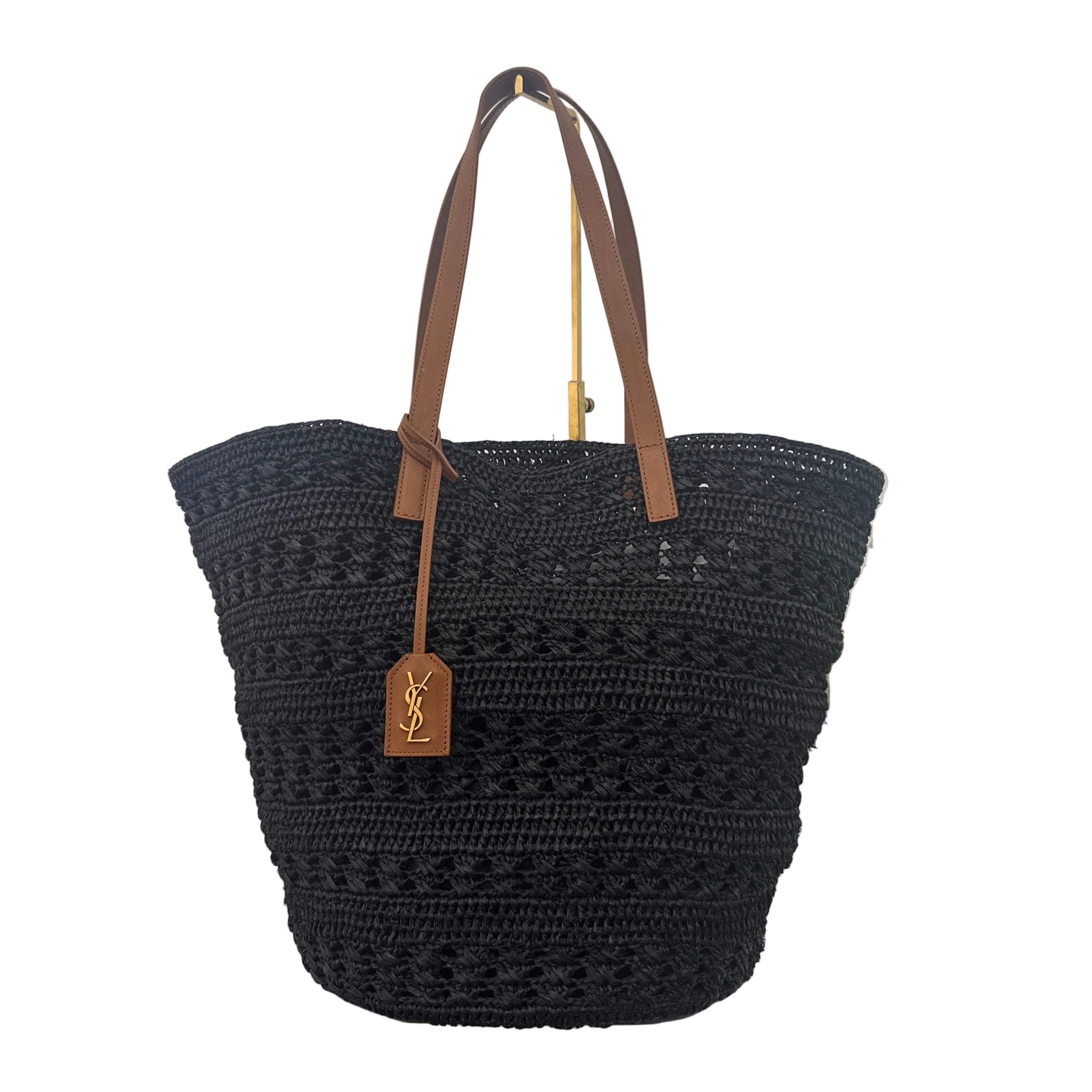 PRE-OWNED Black Raffia Medium Panier Tote Shoulder Bag