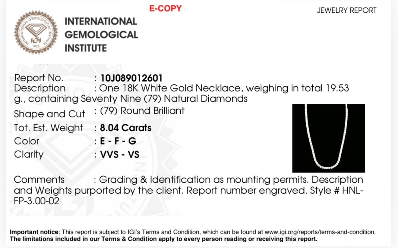 Half way Diamond Tennis Necklace 8.04 Carat