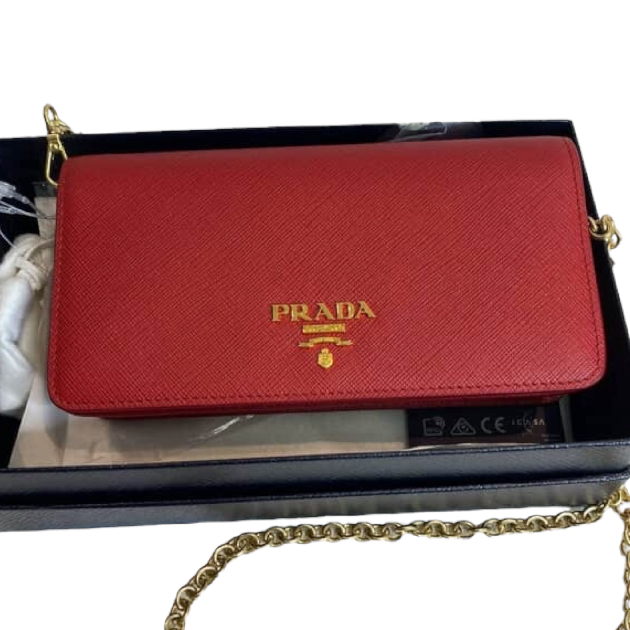 PRE-OWNED Red Saffiano Leather Wallet on Chain