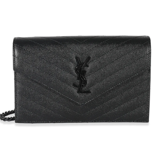 SAINT LAURENT - Black Matelassé Grain De Poudre Cassandre Envelope Chain Wallet