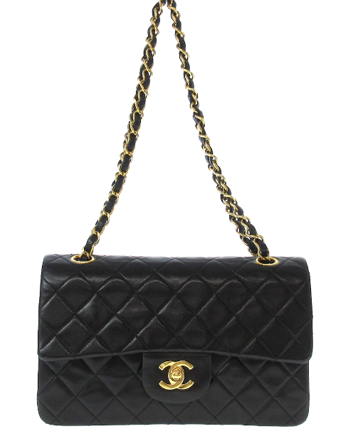 CHANEL - Bolso de hombro de piel de cordero matelasse negra con doble solapa