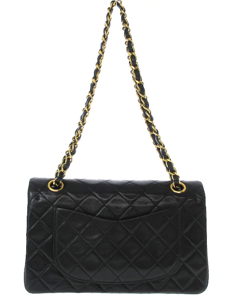 CHANEL - Bolso de hombro de piel de cordero matelasse negra con doble solapa