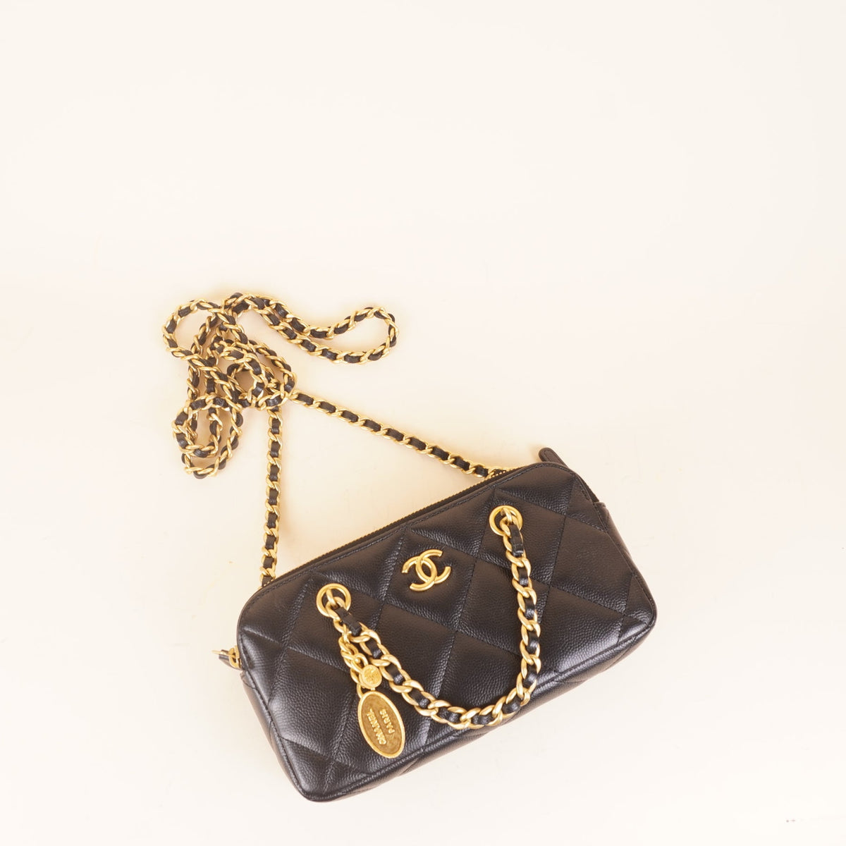 PRE-OWNED CC Black Quilted Phone Holder Medallion Crossbody Bag
