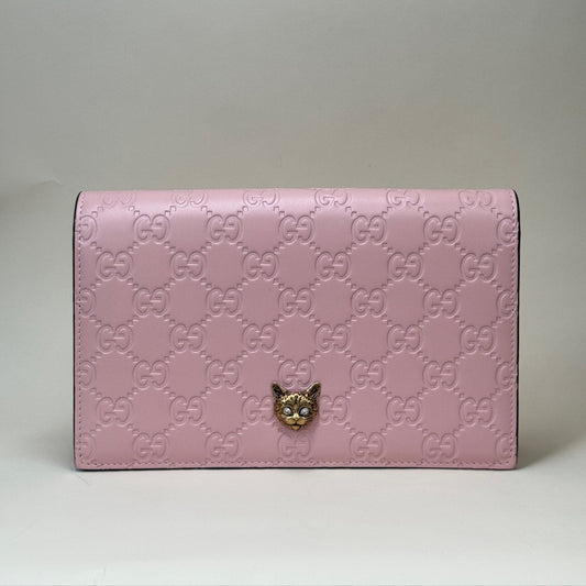 PRE-OWNED GG Blush Pink Guccissima Leather Cat Head Wallet on Chain