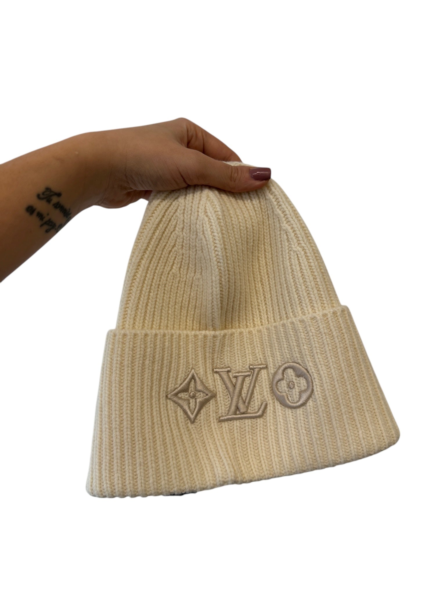 PRE-OWNED LV White Wool Headline Beanie