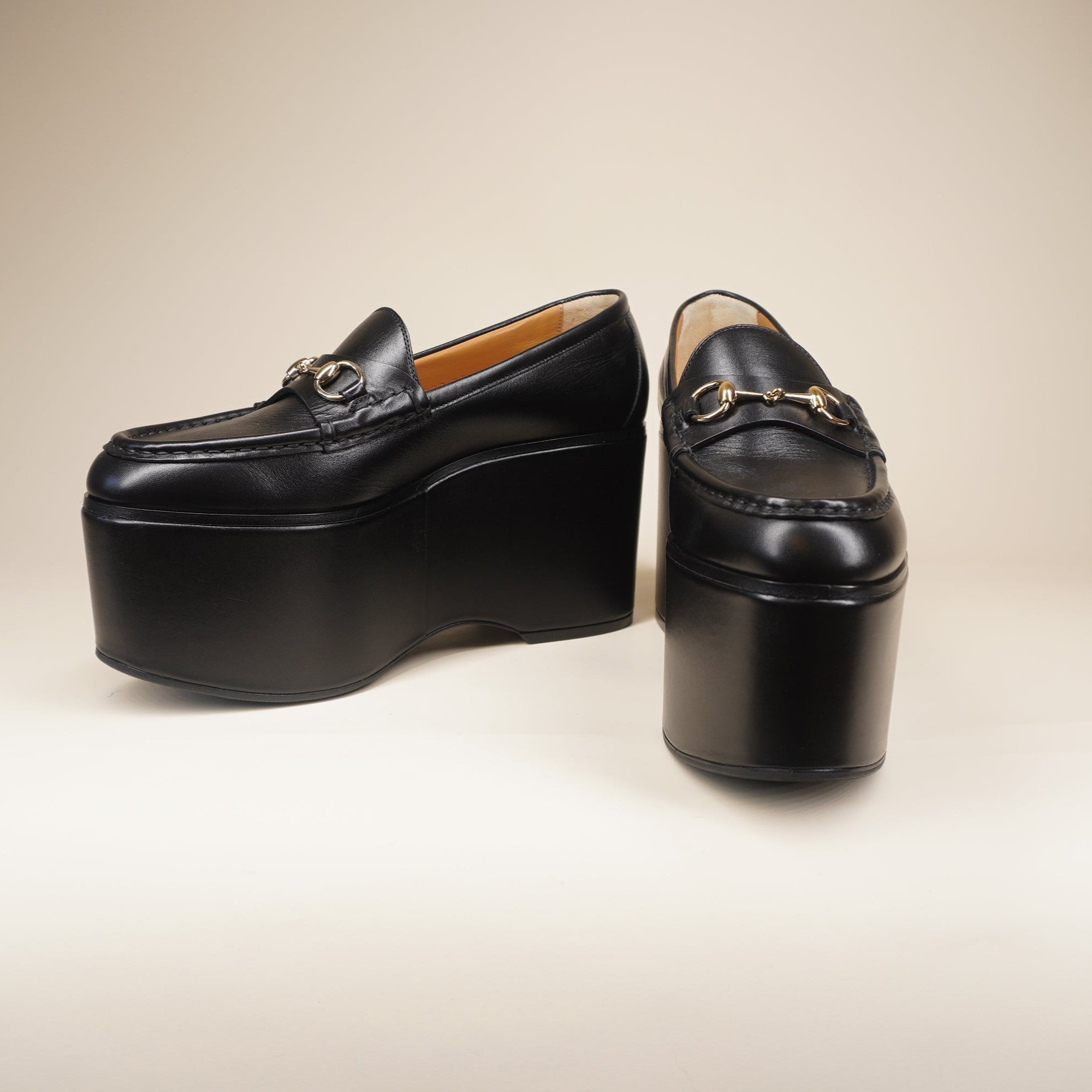 PRE-OWNED  Horsebit Leather Platform Loafers Black