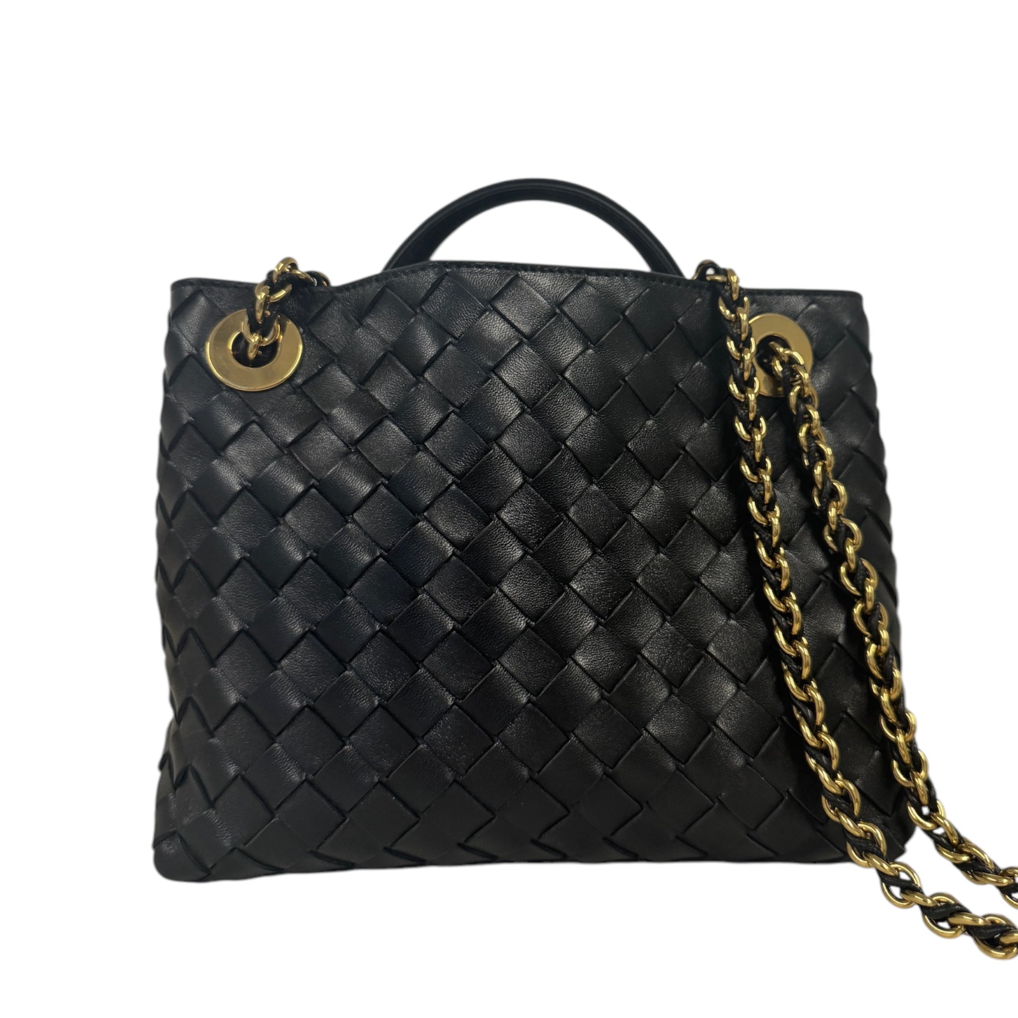 PRE-OWNED BV Black Nappa Intrecciato Small Andiamo with Chain