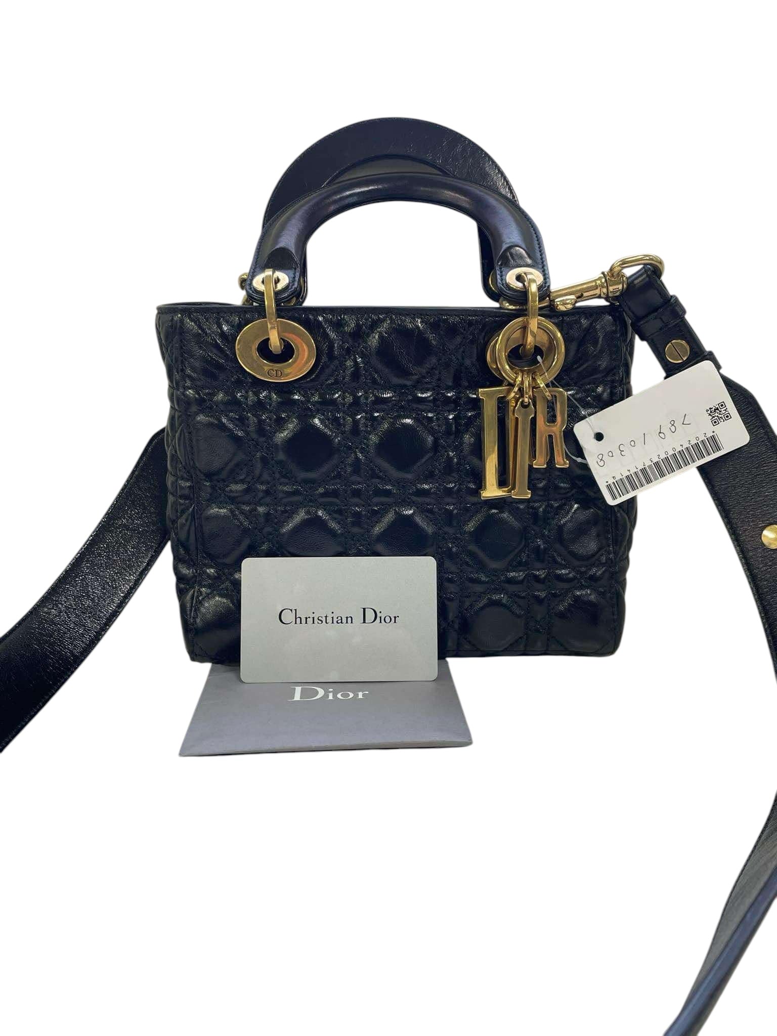 Bolso de hombro Lady Dior pequeño de piel de charol negra USADO