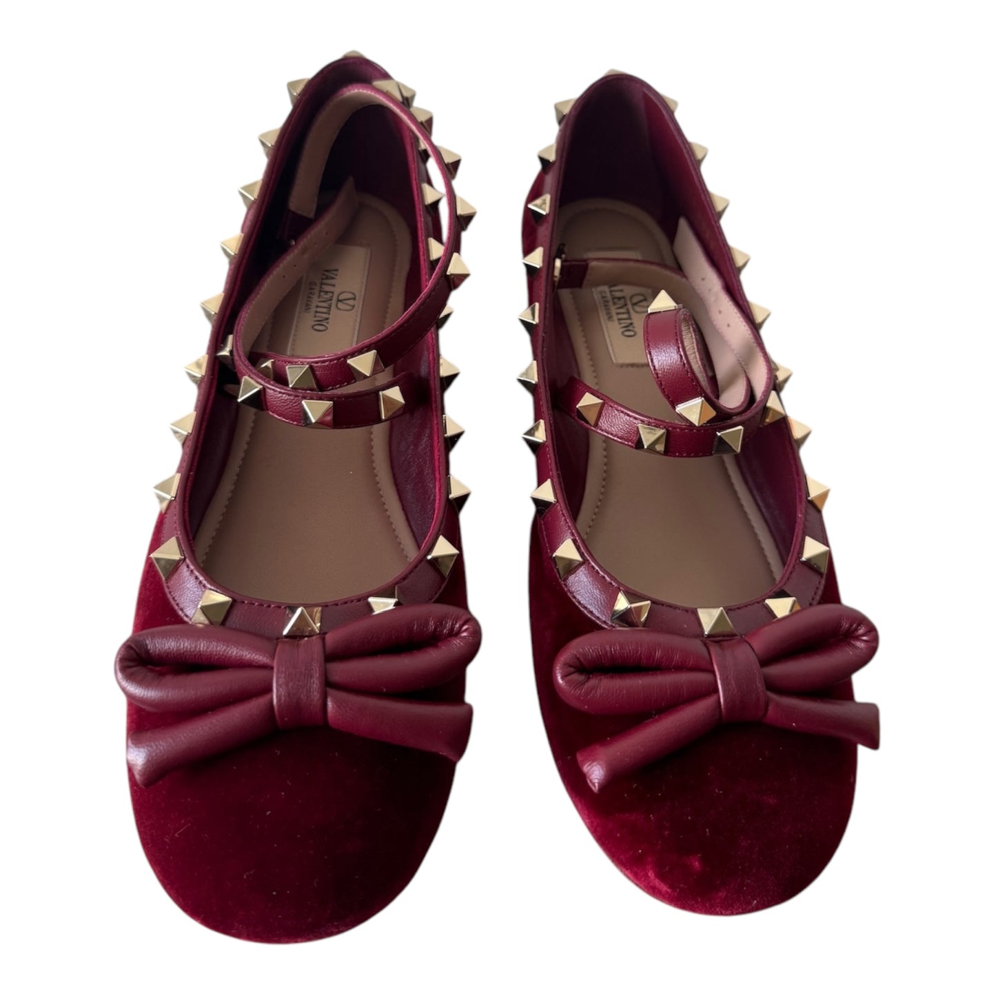 PRE-OWNED Cherry Red Rockstud Velvet Ballerinas