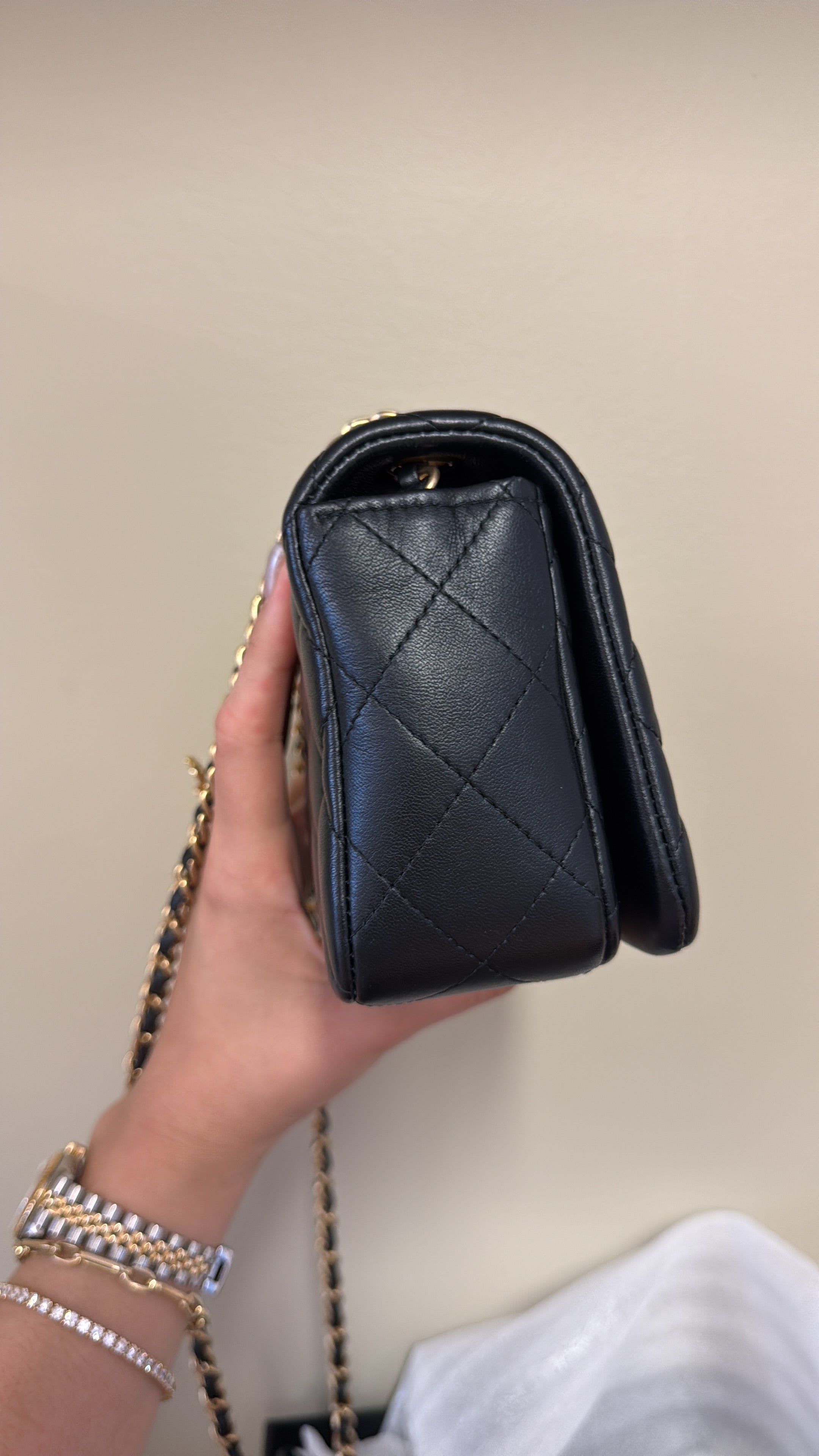 PRE-OWNED -Black Quilted Lambskin Crystal CC Mini Full Flap Bag – Aged Gold Hardware (2021)