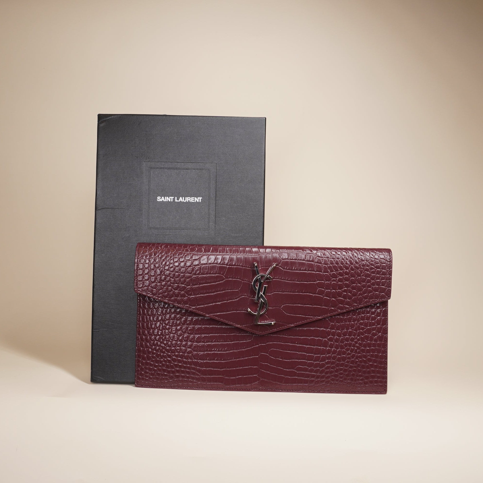 PRE-OWNED Calfskin Crocodile Embossed Uptown Monogram Clutch Burgundy