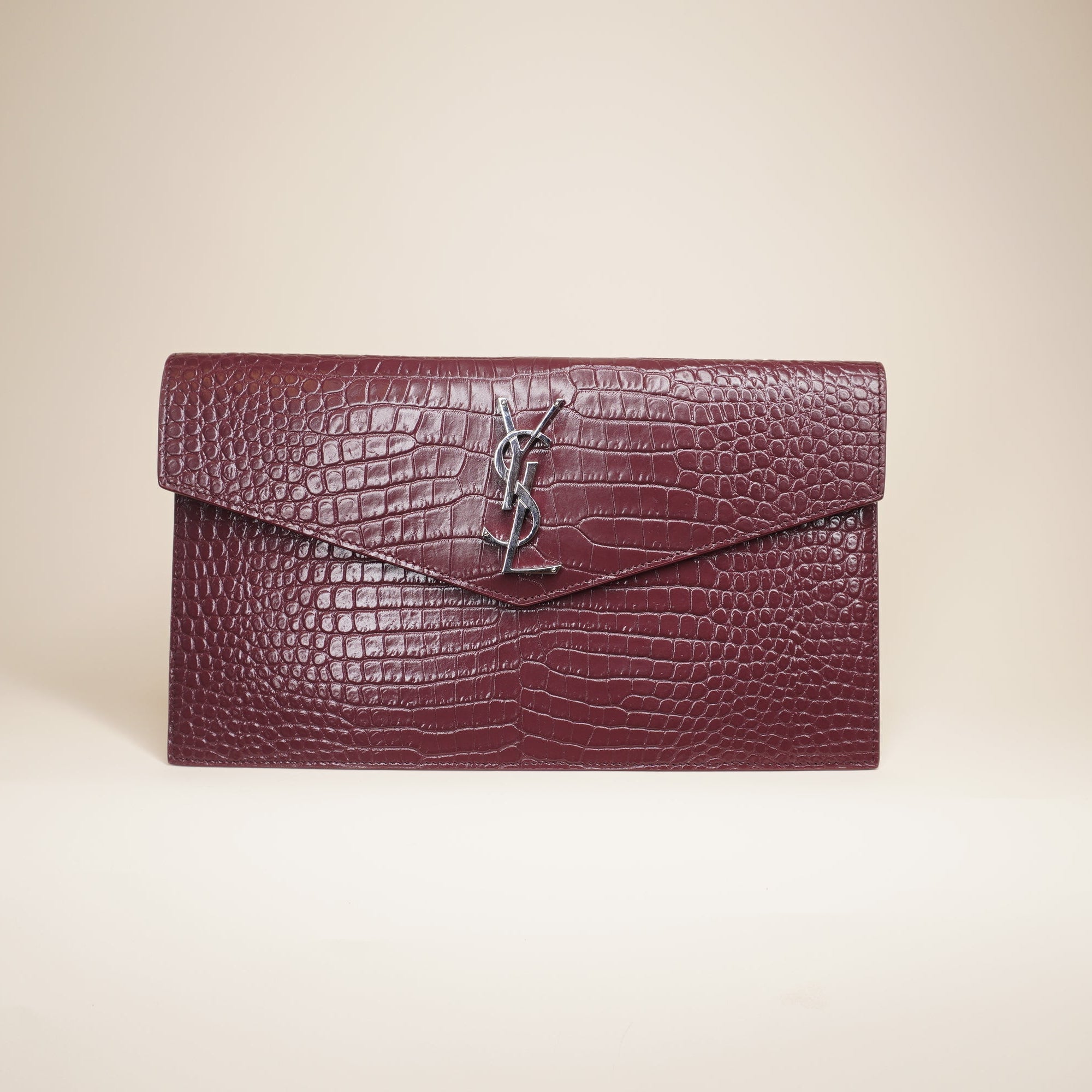 PRE-OWNED Calfskin Crocodile Embossed Uptown Monogram Clutch Burgundy