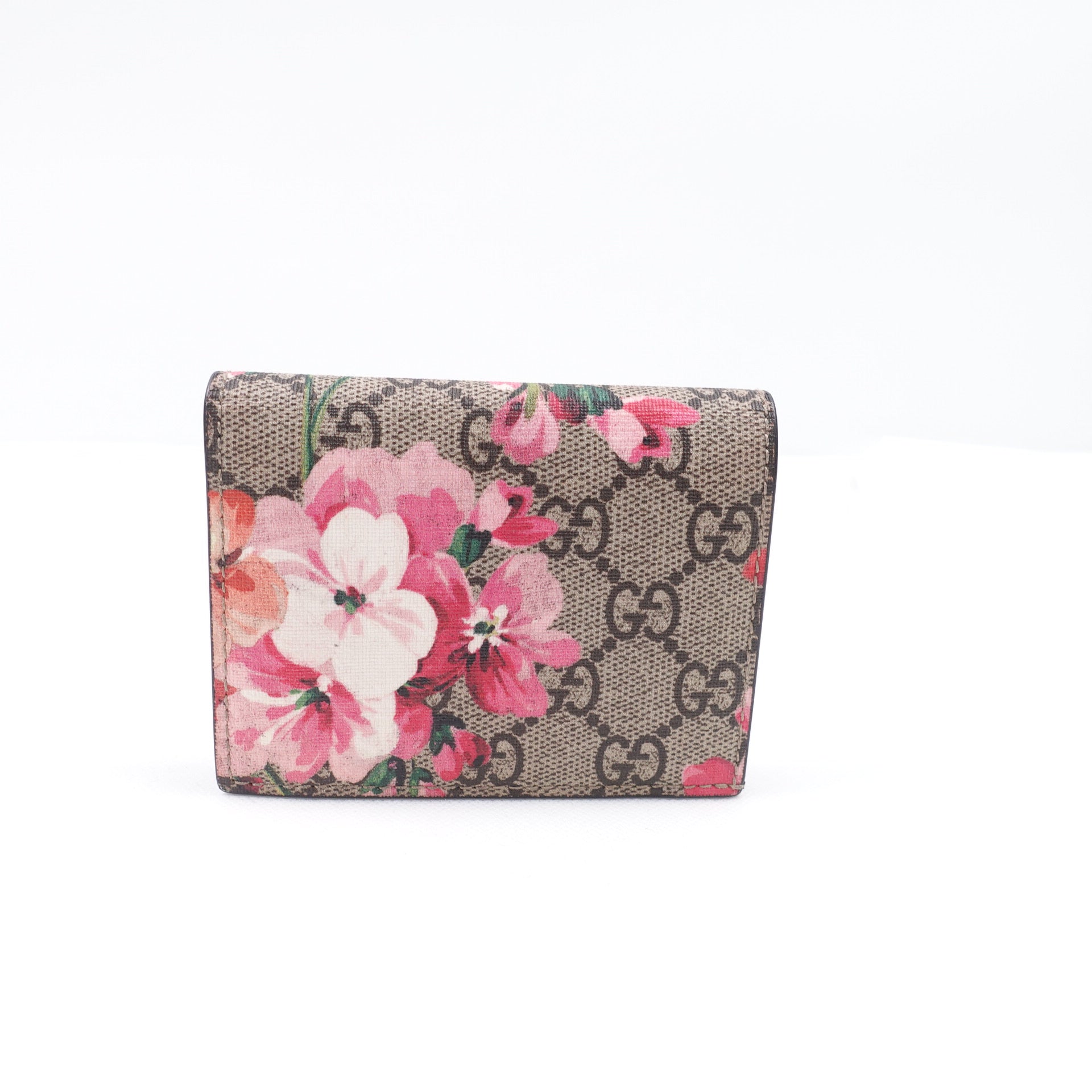 Estuche para tarjetas GG Supreme de lona con monograma Blooms en beige y rosa de segunda mano