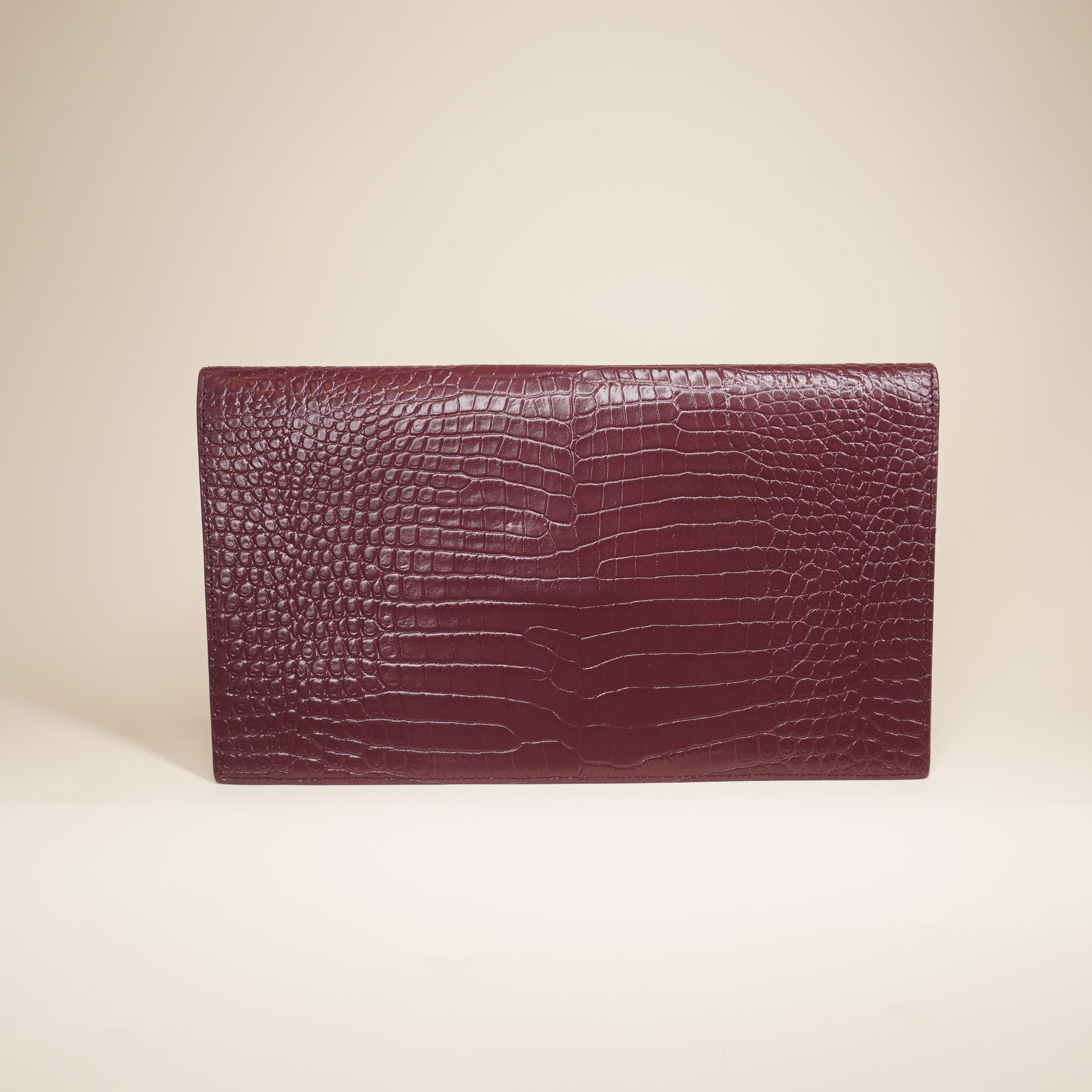 PRE-OWNED Calfskin Crocodile Embossed Uptown Monogram Clutch Burgundy